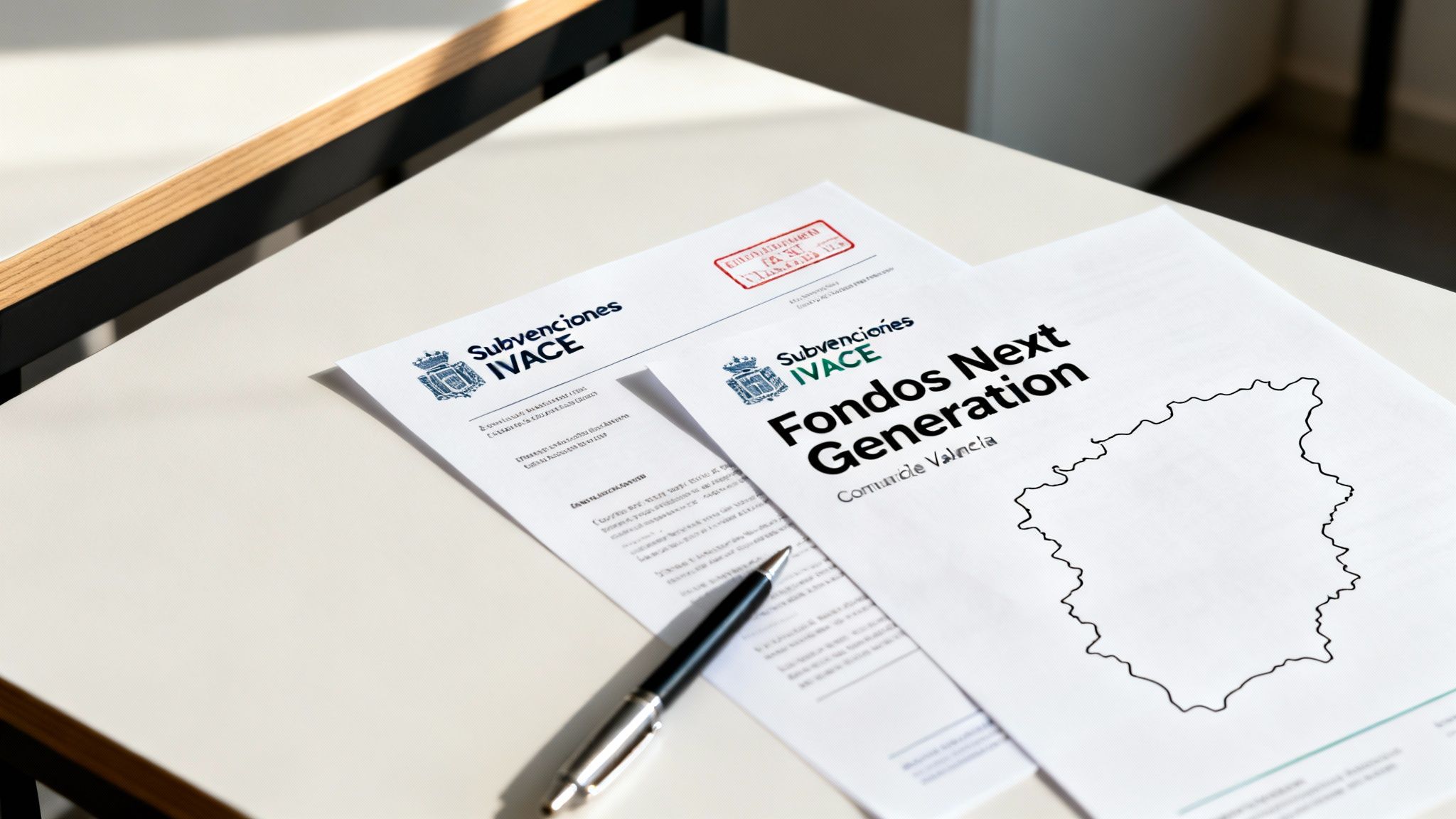 Certificados Energéticos | ¿Es rentable instalar placas solares en una casa en Valencia? Documentos de subvenciones IVACE y Fondos Next Generation para la Comunidad Valenciana con un bolígrafo.