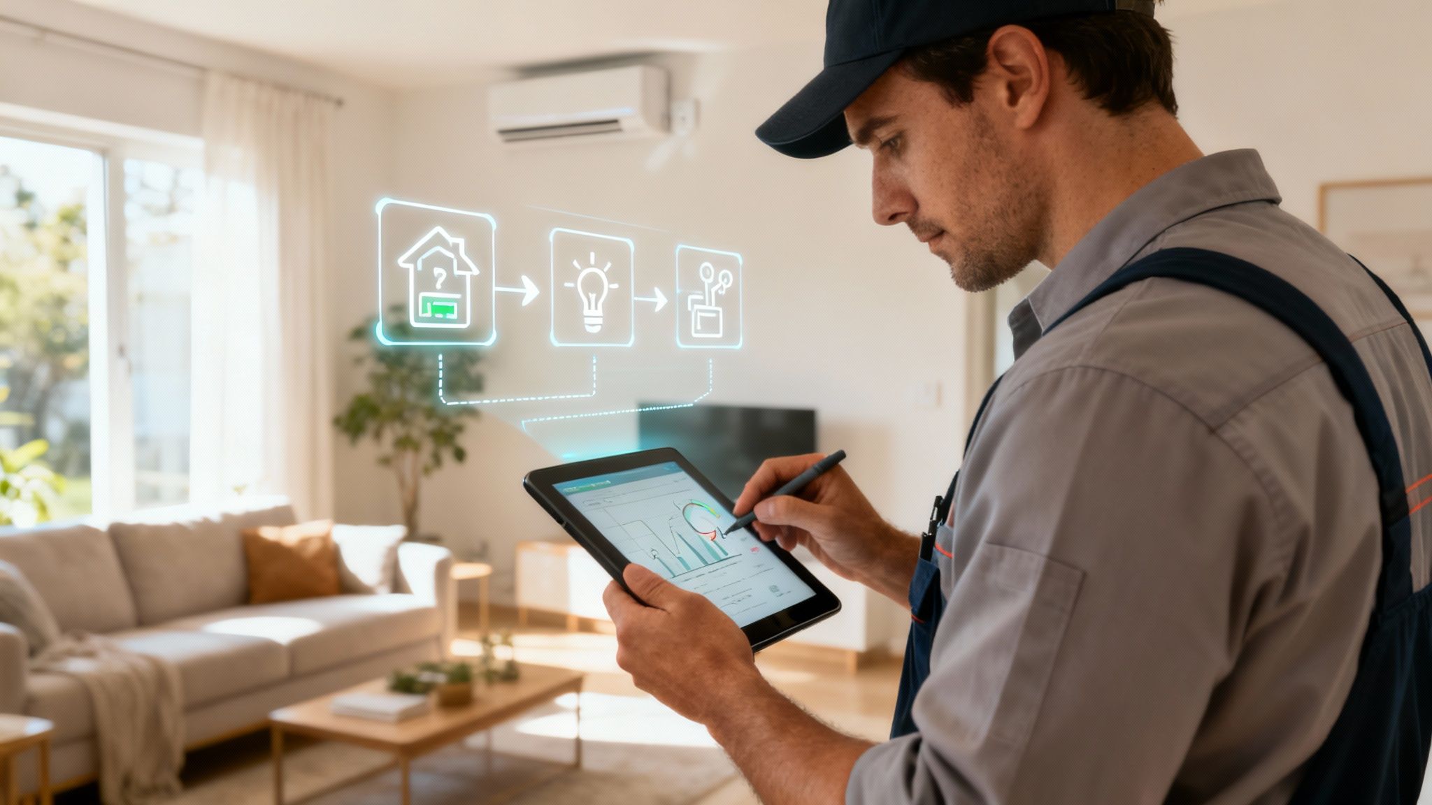 Un técnico utilizando un medidor láser durante la visita para el certificado energético en una vivienda de Paterna.