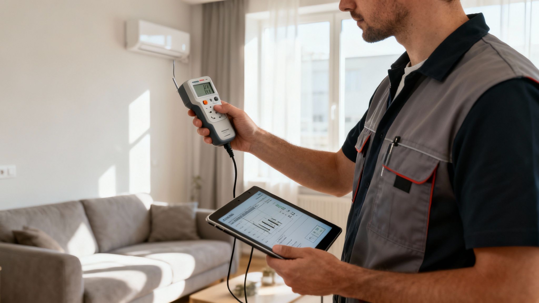 Certificados Energéticos | Guía Completa de Gastos en la Compra Venta de Vivienda en Valencia Hombre técnico revisa un aire acondicionado con medidor y tableta en una sala moderna.