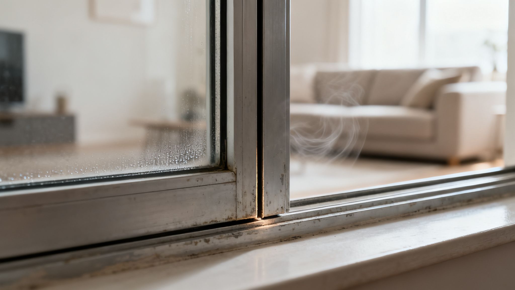 Certificados Energéticos | Cómo aislar ventanas correderas y Ahorrar energía en Valencia Primer plano de una ventana corredera con condensación en el cristal y suciedad, mostrando fallos de aislamiento.