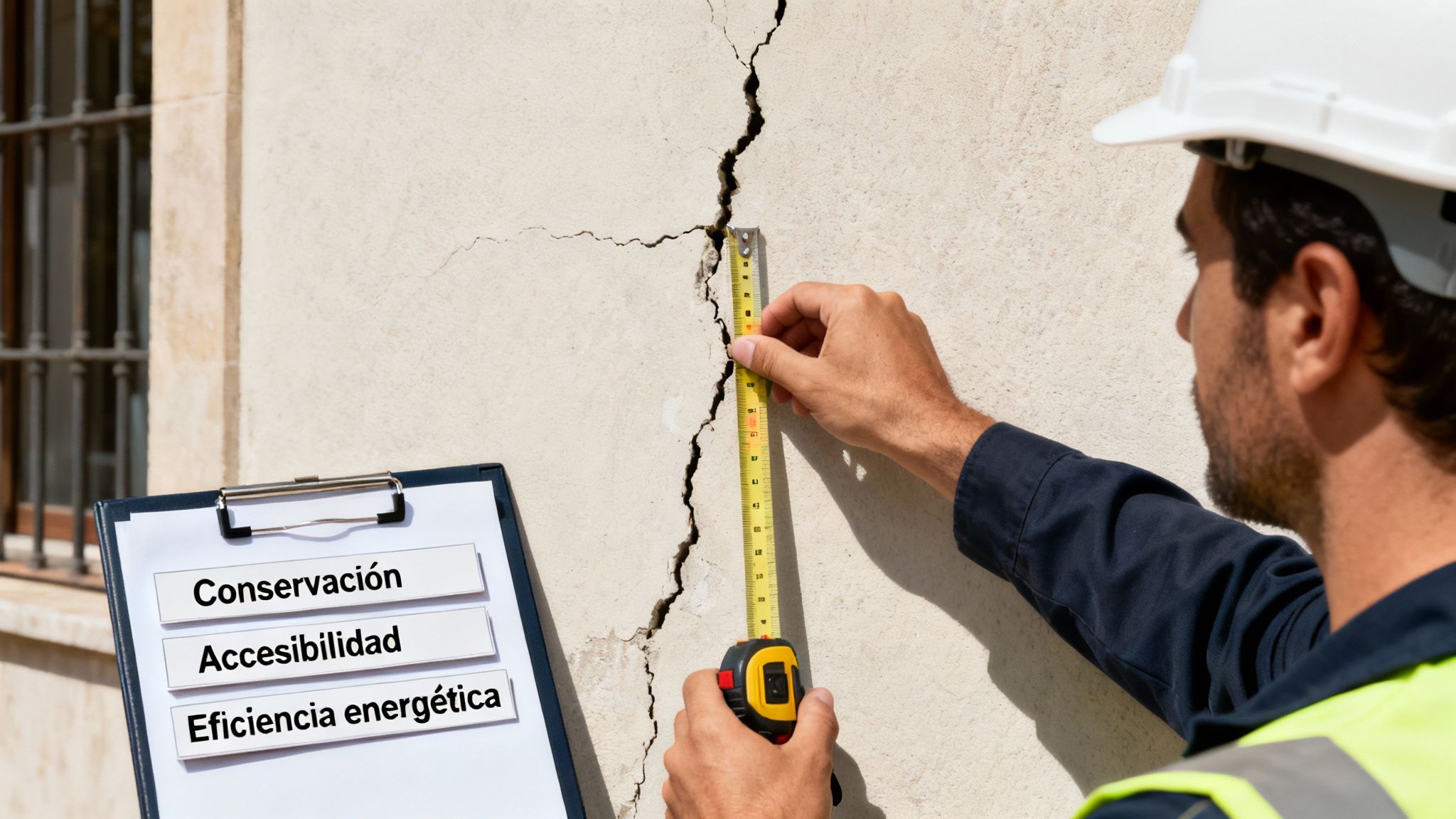 Certificados Energéticos | Guía de Informes de Evaluación de Edificios en Valencia Ingeniero evalúa grieta en pared de edificio, con conceptos de conservación, accesibilidad y eficiencia energética.