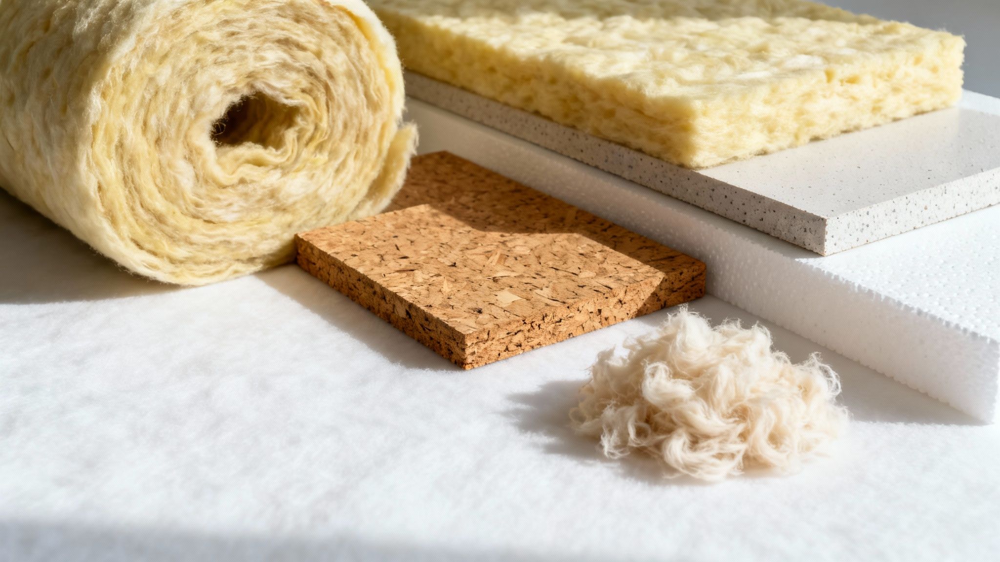 Certificados Energéticos | Aislamientos Acústicos y Térmicos en Valencia: Guía 2026 Muestra de diversos materiales aislantes térmicos y acústicos: lana mineral, corcho, poliestireno y fibras sueltas.