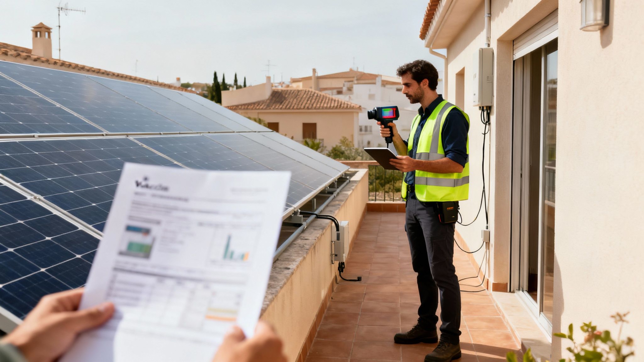 Certificados Energéticos | Guía Subvenciones Paneles Solares Valencia Técnico con chaleco inspecciona paneles solares en una azotea usando cámara térmica y tablet, con documento borroso en primer plano.