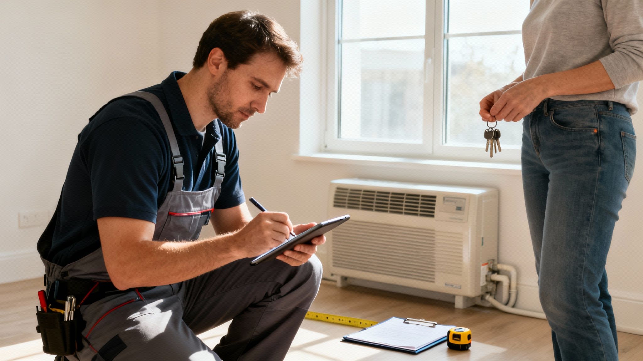 Certificados Energéticos | Certificado Energético Online en Valencia en 24h Un técnico revisa una tablet con un stylus mientras una mujer sostiene llaves en un apartamento, posiblemente para un certificado energético.
