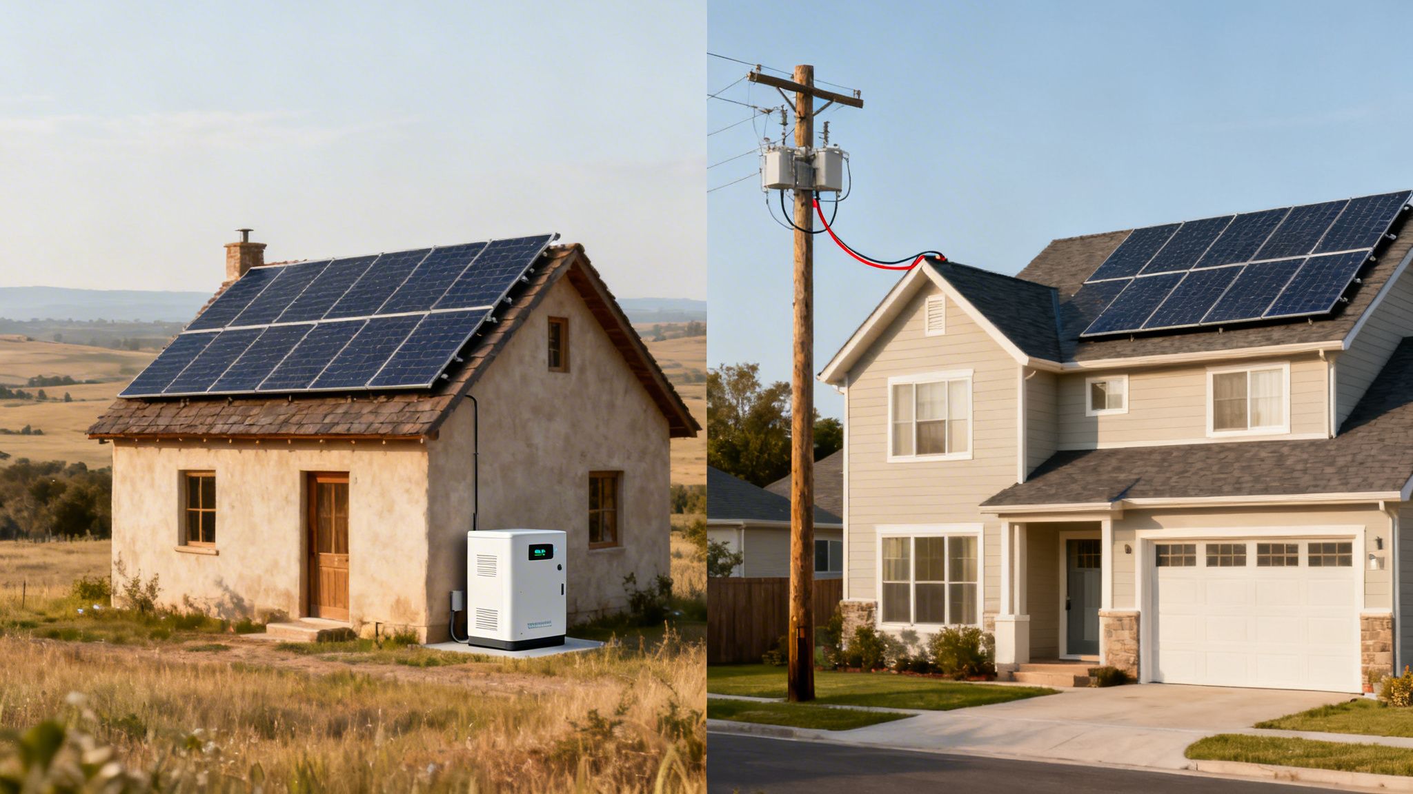 Certificados Energéticos | Guía Definitiva de Paneles Solares Autoconsumo en Valencia Imagen que compara dos casas con paneles solares: una off-grid con batería y otra conectada a la red eléctrica.