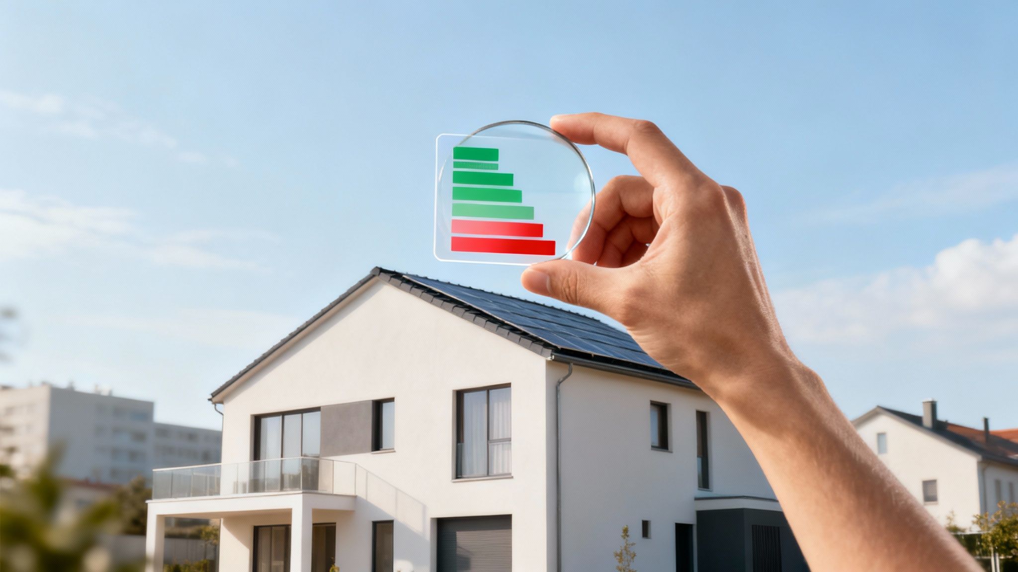 Certificados Energéticos | Certificado de Eficiencia Energetica que es: Guía Completa Mano sosteniendo una pantalla transparente con barras de eficiencia energética frente a una casa con paneles solares.