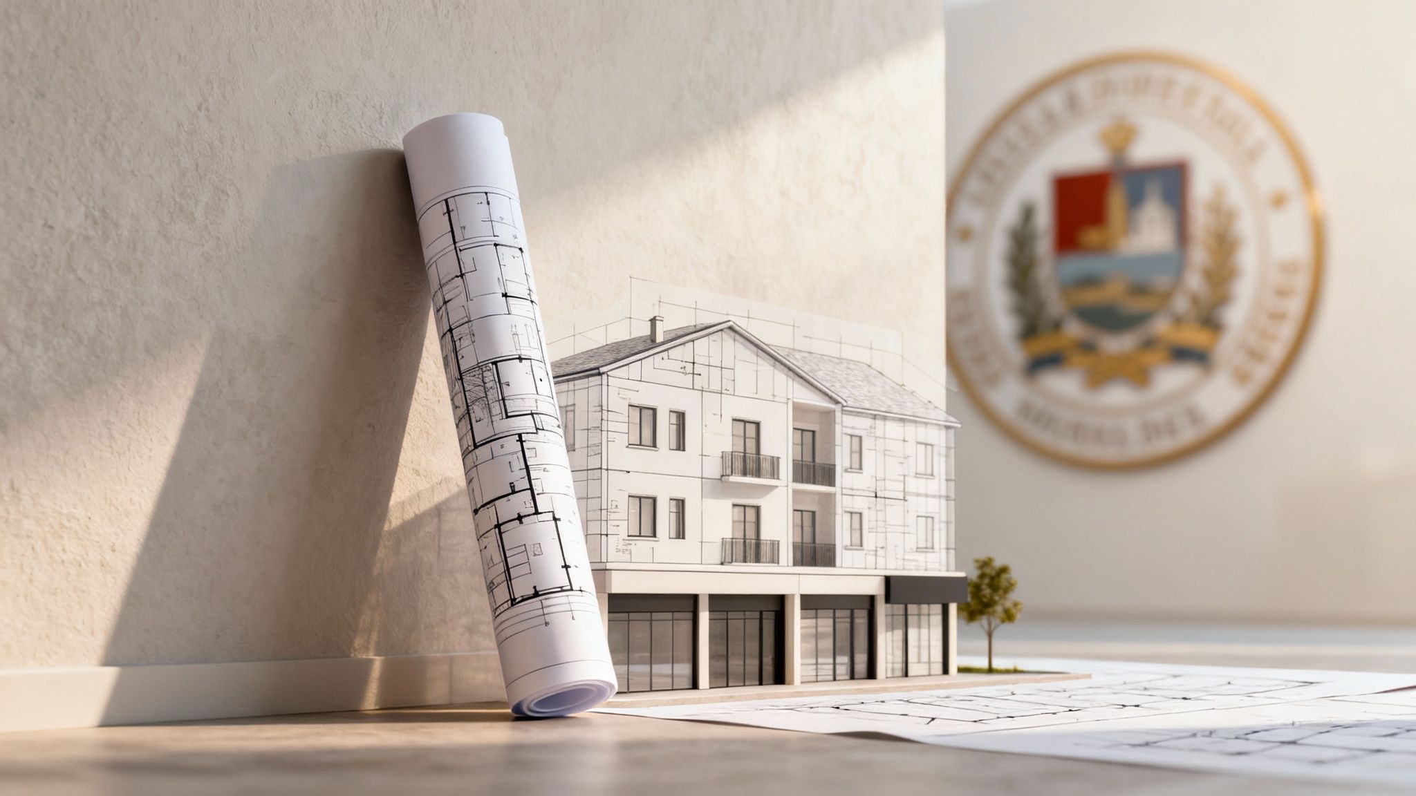 Certificados Energéticos | Normativa cambio de uso de local a vivienda en Valencia Planos arquitectónicos y maqueta de edificio con sello oficial borroso, representando construcción y urbanismo.