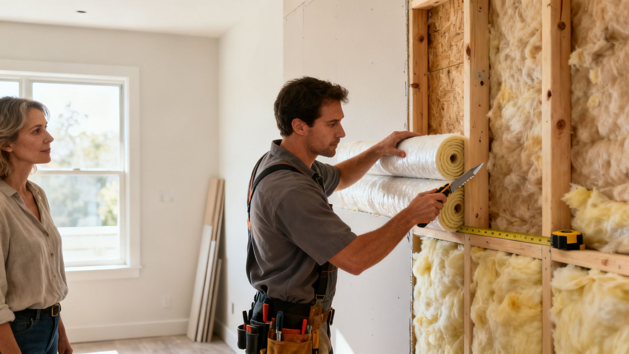 Certificados Energéticos | Rollos aislantes térmicos para un hogar eficiente Hombre instala rollos de aislamiento térmico en una pared, con una mujer observando el progreso de la construcción.