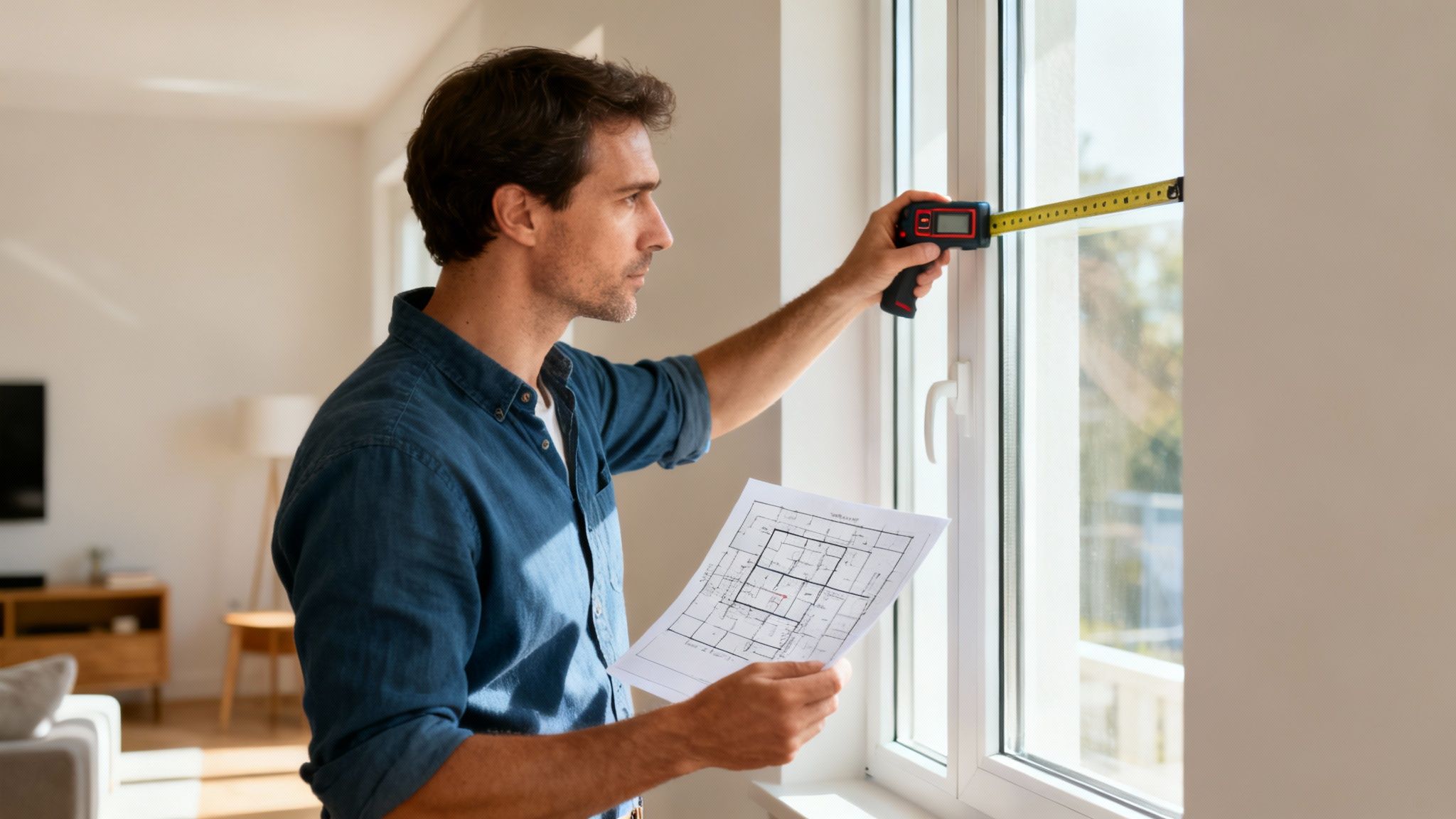 Un técnico tomando medidas en el salón de una vivienda en Valencia para el certificado energético.