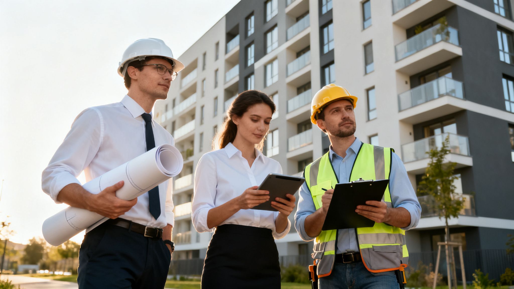 Certificados Energéticos | ¿Quién puede hacer un certificado de eficiencia energética en Valencia? Profesionales de la construcción con cascos, planos y tablet en una obra de edificio nuevo.