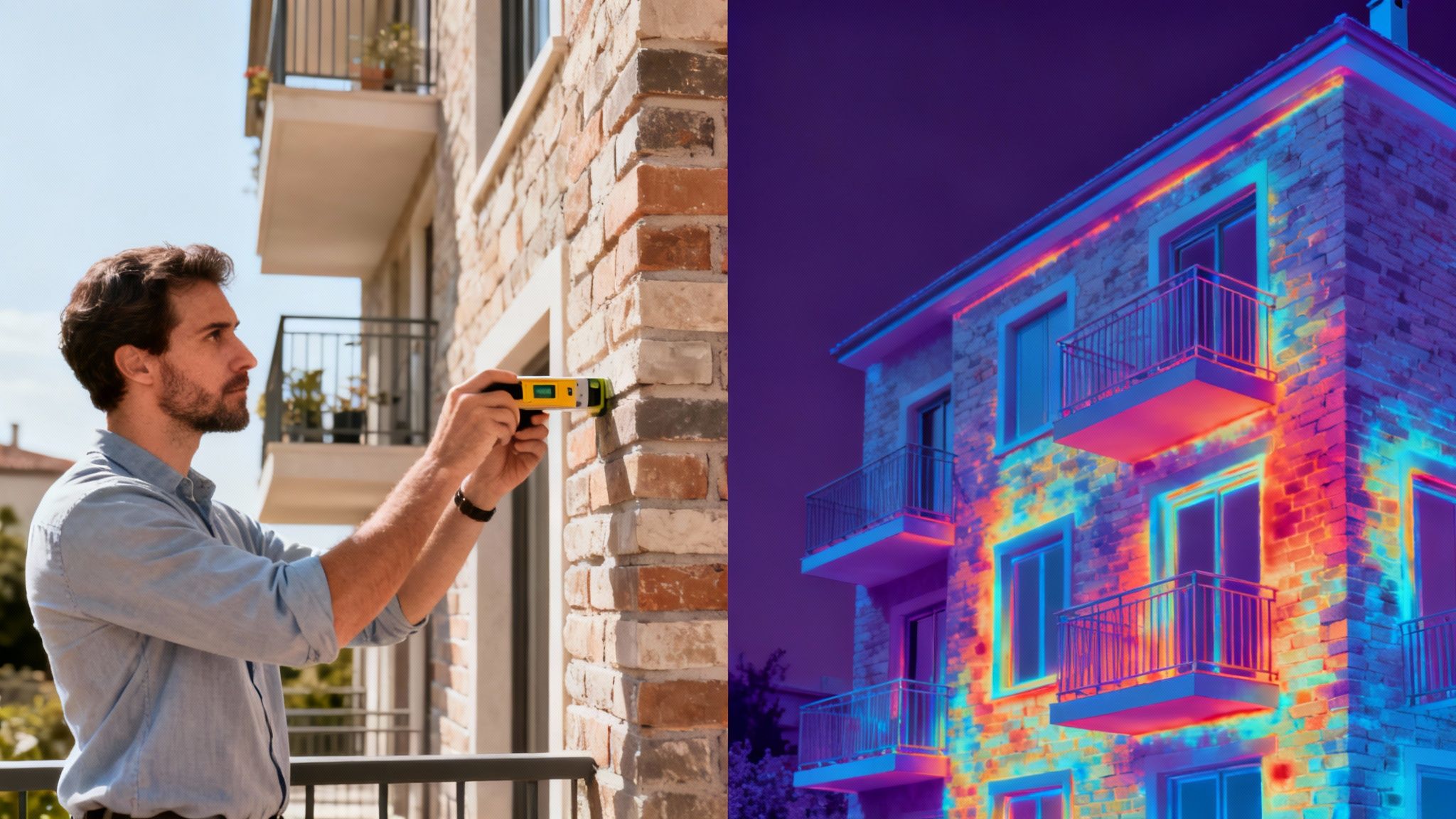 Certificados Energéticos | Guía de Informe de Evaluación de Edificios en Valencia: Todo lo esencial Hombre inspeccionando un edificio con un dispositivo termográfico, mostrando el análisis de eficiencia energética.