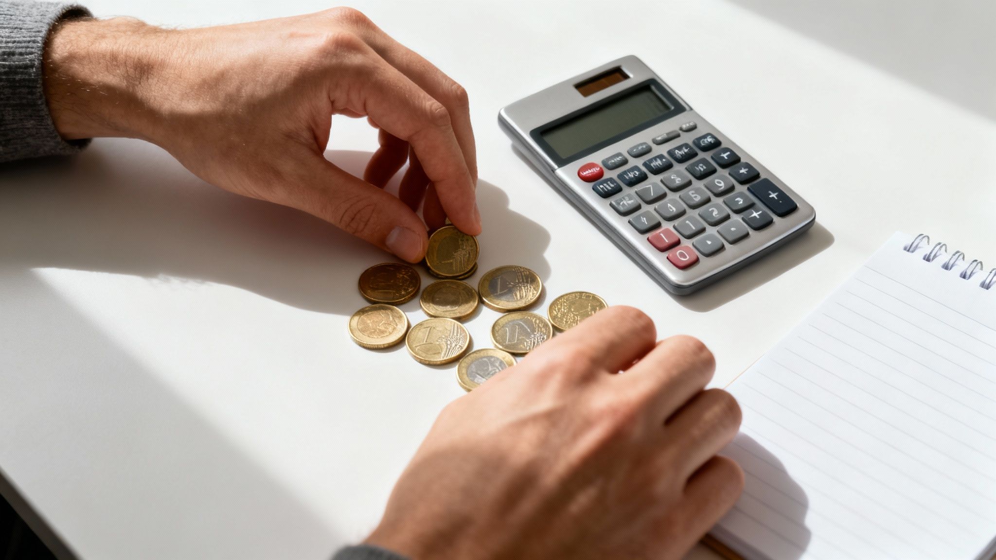 Certificados Energéticos | Conoce cuanto cuesta la Cédula de Habitabilidad en Valencia y cómo conseguirla Manos contando monedas de euro sobre una mesa blanca con calculadora y cuaderno.