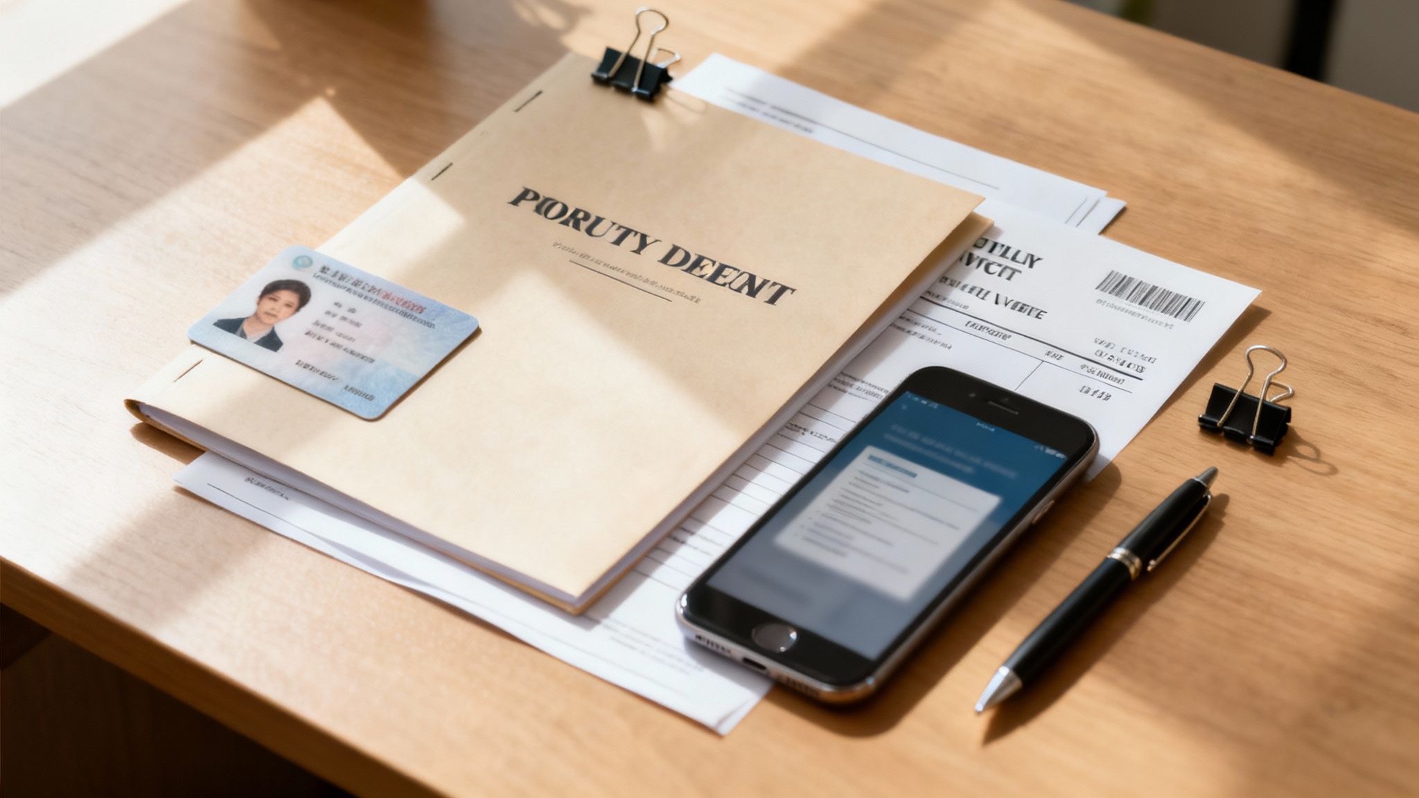 Certificados Energéticos | Conoce cuanto cuesta la Cédula de Habitabilidad en Valencia y cómo conseguirla Documentos, una cédula de identidad, un teléfono móvil y un bolígrafo sobre una mesa de madera.