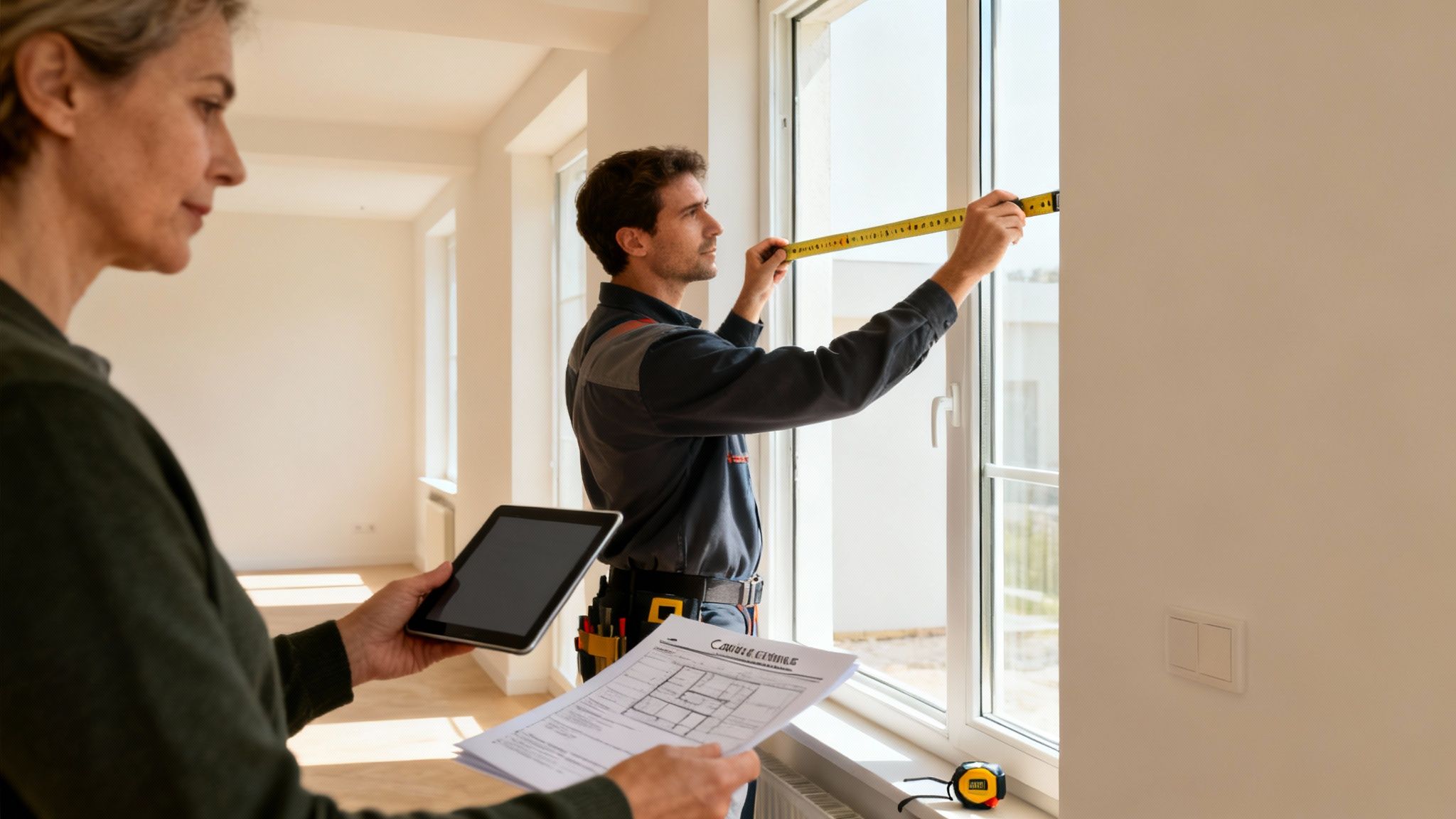 Técnico certificador tomando notas en una tableta durante la inspección de una vivienda en Valencia.