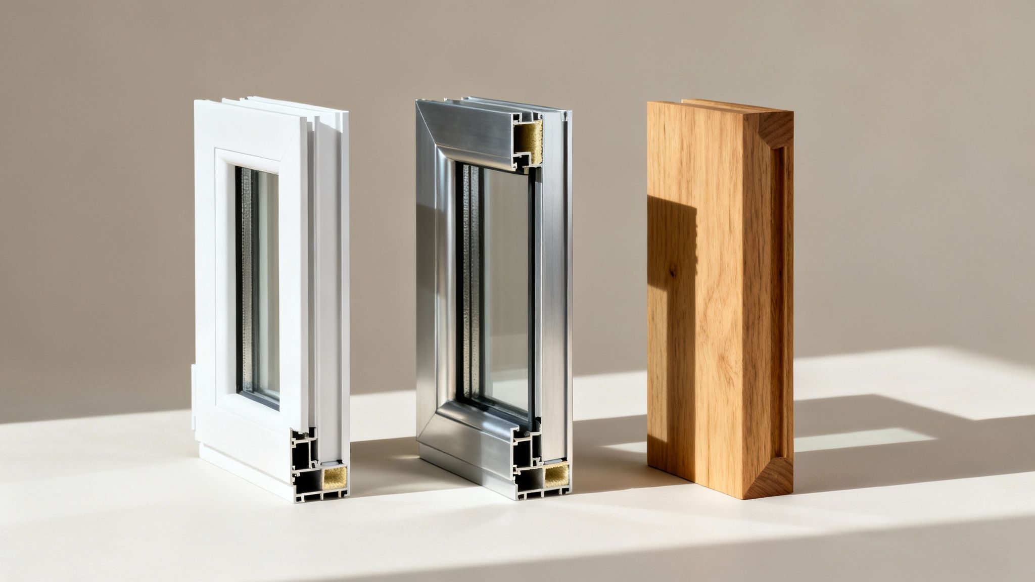 Certificados Energéticos | Transmitancia térmica ventanas: Ahorra en Valencia Tres perfiles de ventanas: PVC blanco, aluminio plateado y madera, mostrando sus secciones y aislamiento.