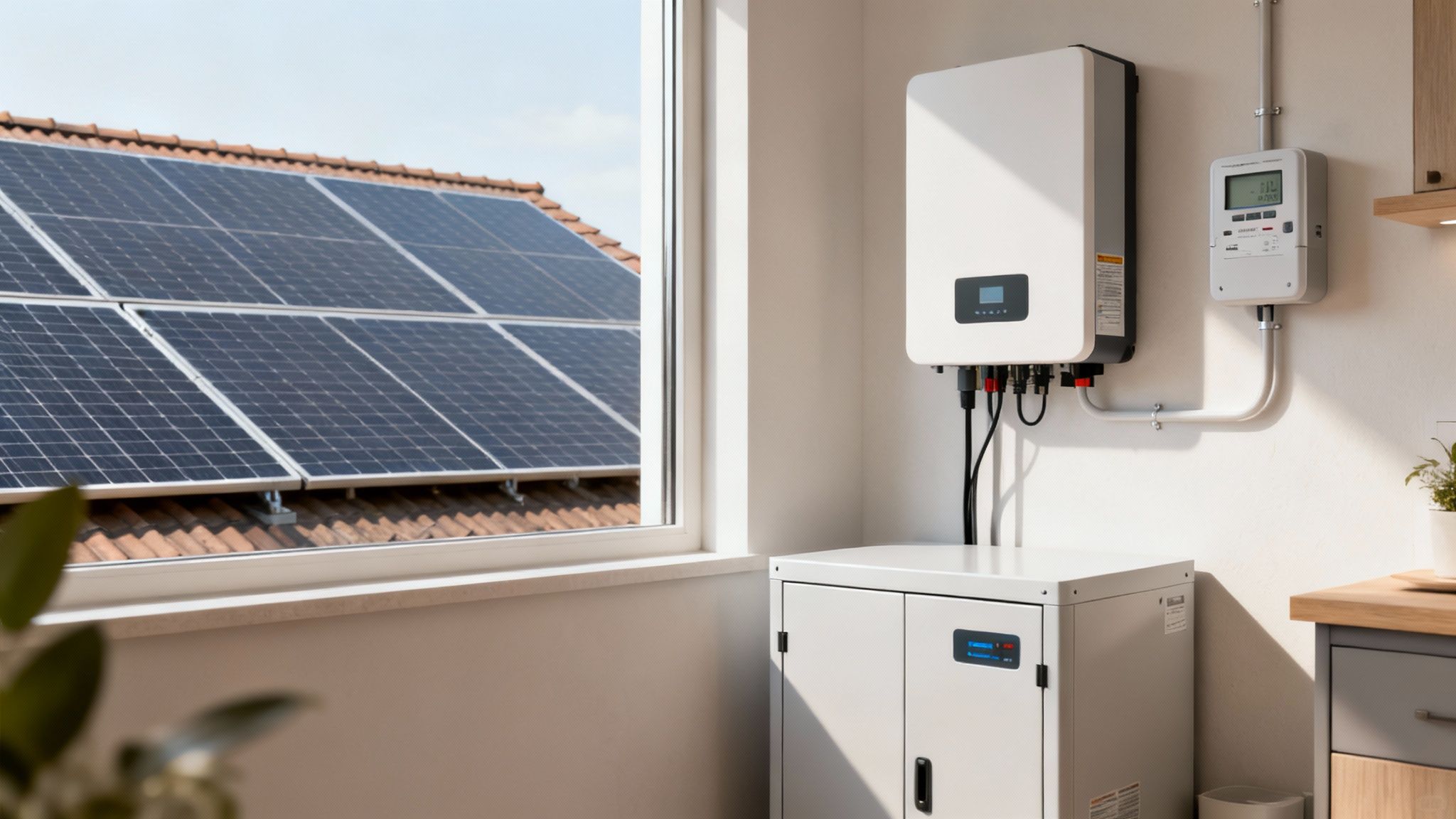 Certificados Energéticos | Instalaciones Solares de Autoconsumo: Ahorra con tu Sistema en Valencia Paneles solares en el tejado y un sistema de almacenamiento de energía solar en el interior de una vivienda.