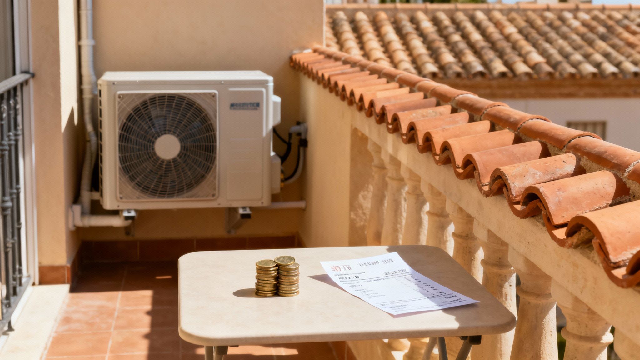 Certificados Energéticos | Aerotermia para agua caliente sanitaria: Guía Completa Una unidad de aire acondicionado exterior en un balcón soleado, con monedas y una factura en una mesa.