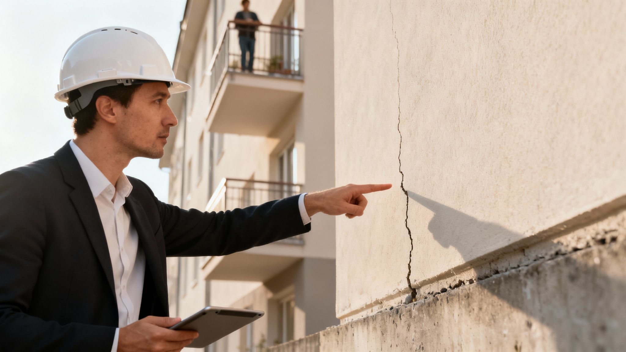 Certificados Energéticos | Guía de Informe de Evaluación de Edificios en Valencia: Todo lo esencial Un ingeniero o inspector de edificios con casco blanco señala una grieta en la pared exterior de un edificio, sosteniendo una tableta.
