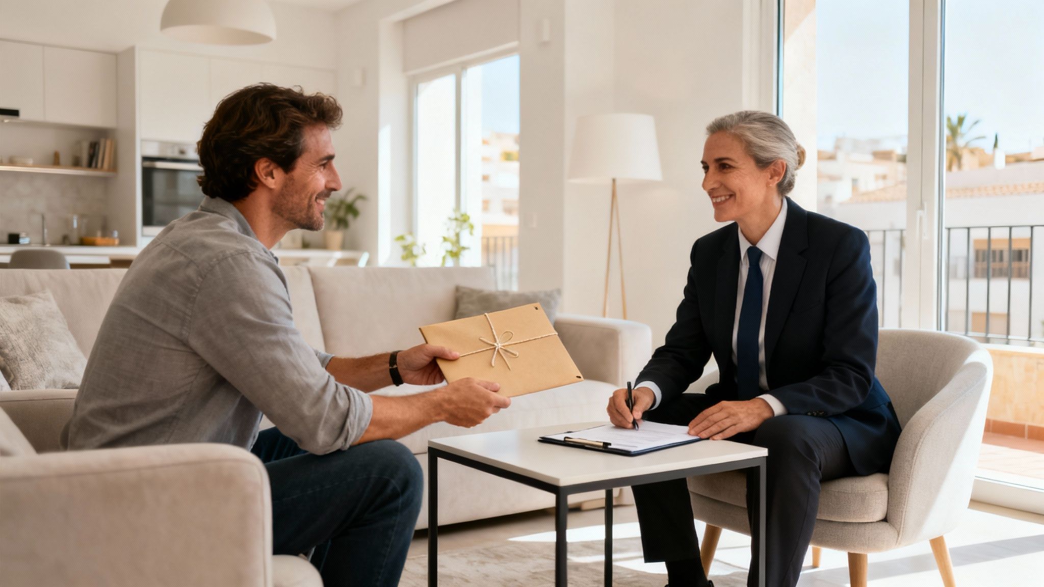 Certificados Energéticos | Certificado Energético para Vender Vivienda: Guía 2026 Hombre entrega un sobre a una mujer de negocios sonriente firmando documentos en un salón moderno.