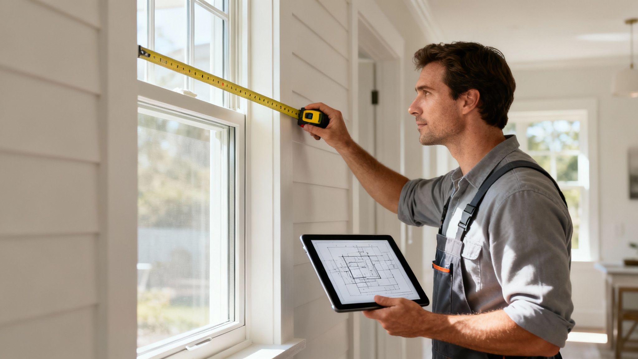Un técnico mide la ventana de un salón en Valencia durante la visita para el certificado energético, un proceso que dura 10-20 minutos.