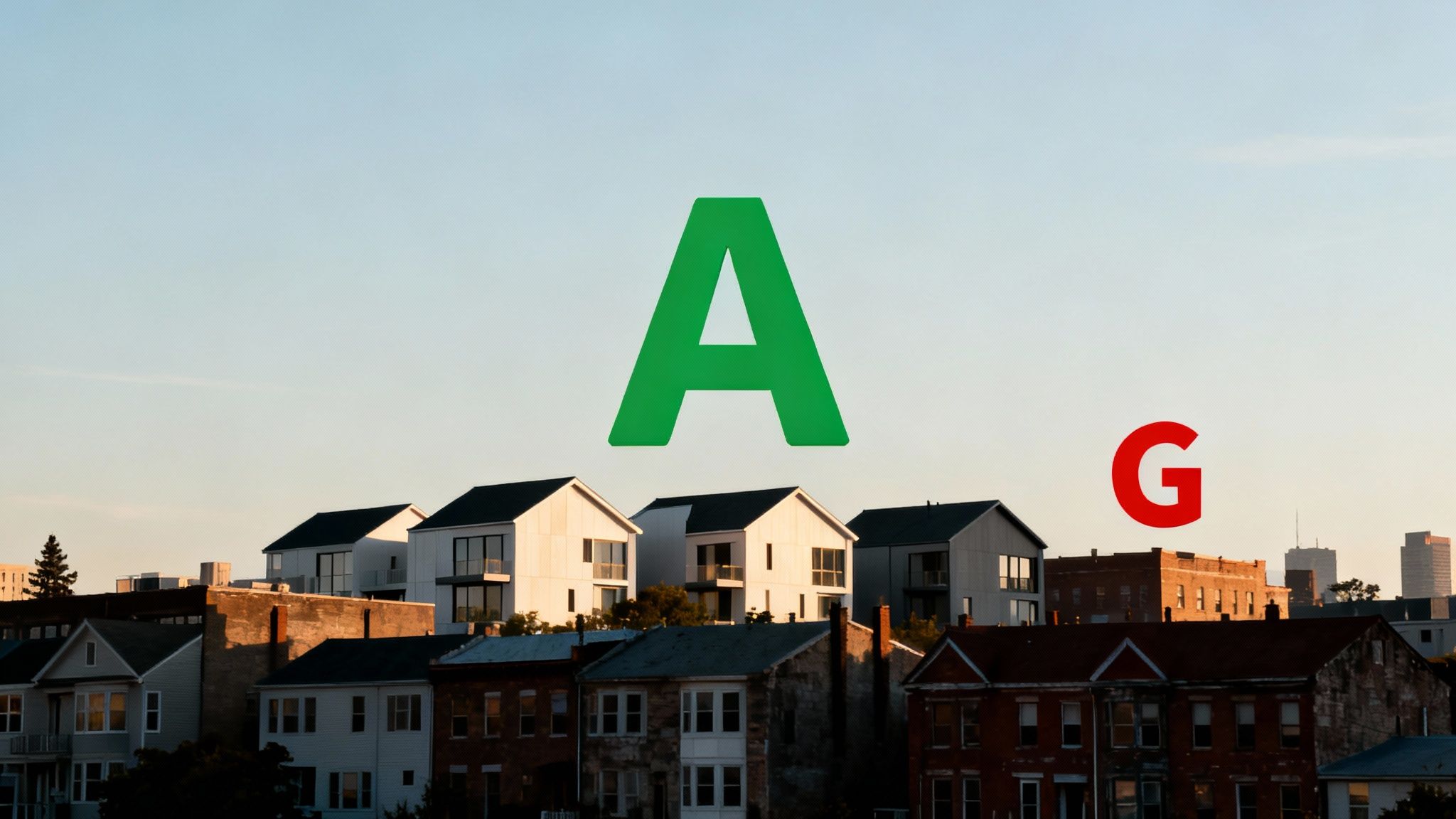 Imagen conceptual que muestra un vecindario de Valencia con un enfoque en la sostenibilidad y la eficiencia energética de sus edificios.