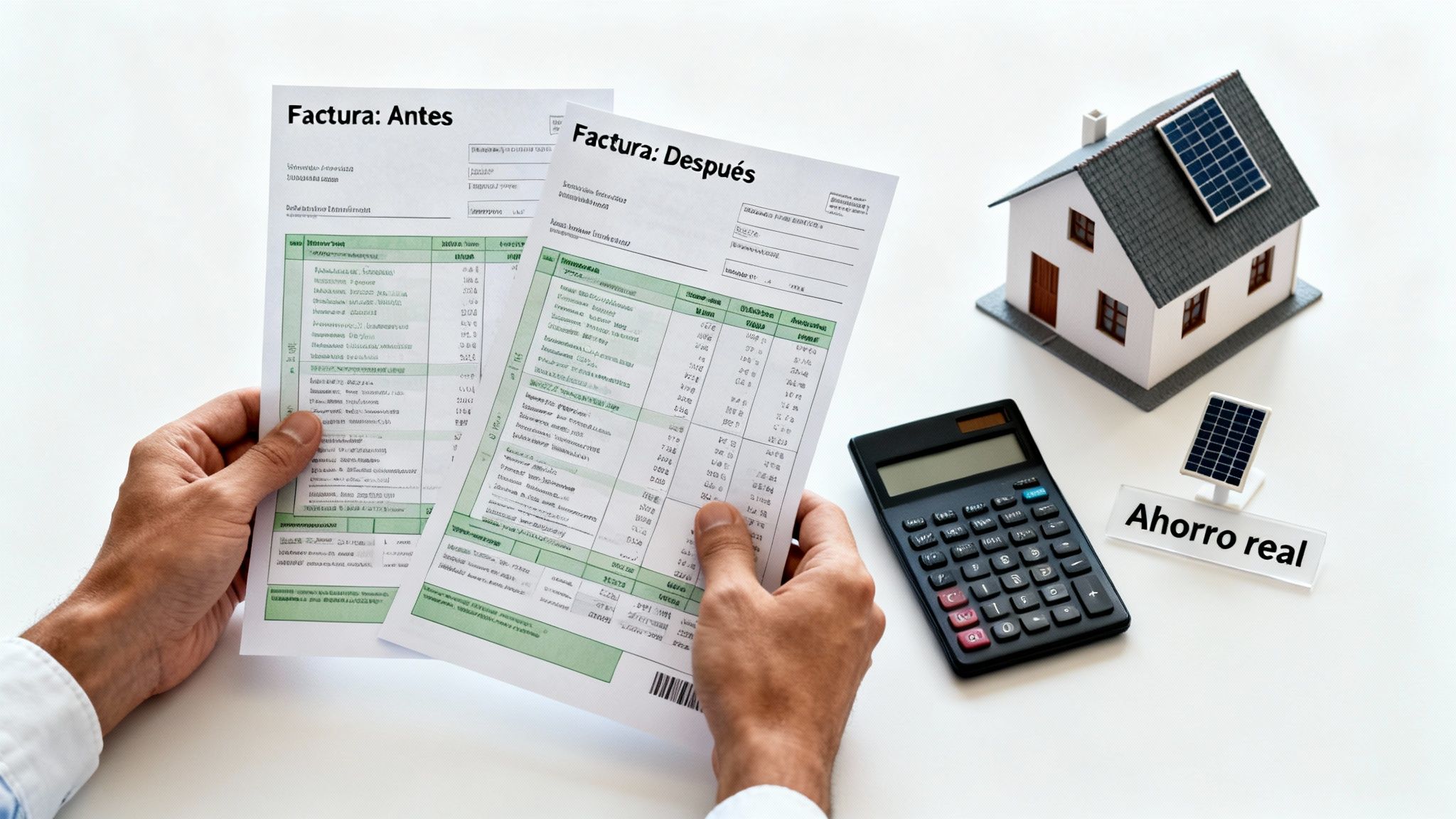 Certificados Energéticos | ¿Es rentable instalar placas solares en una casa en Valencia? Manos comparando facturas de luz 'antes' y 'después' de instalar paneles solares en una casa, mostrando el ahorro real.