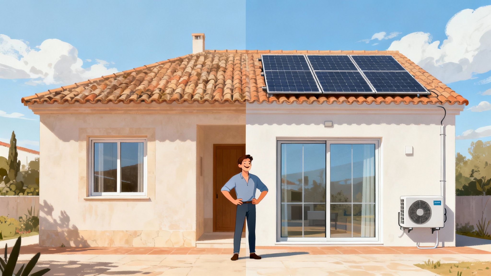 Certificados Energéticos | Guía Definitiva: Deducciones IRPF Eficiencia Energética 2026 Valencia Casa antes y después con mejoras de eficiencia energética: paneles solares y aire acondicionado.