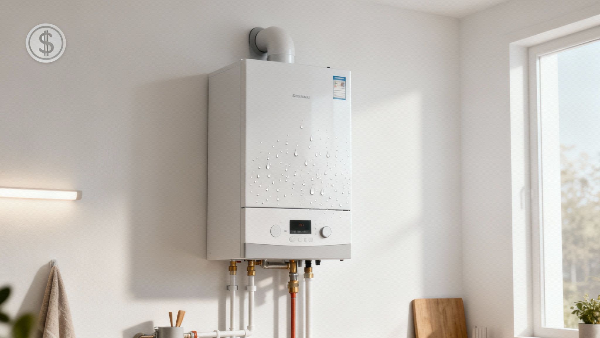 Certificados Energéticos | Calderas de condensación en Valencia: Guía de Ahorro Caldera de condensación blanca con gotas de agua, montada en una pared luminosa y limpia, mostrando la eficiencia de las calderas de condensacion en Valencia.