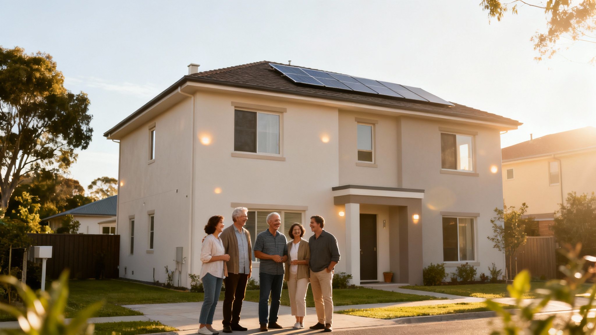 Certificados Energéticos | Guía del Informe de Evaluación del Edificio en Valencia Cinco adultos sonriendo frente a una moderna casa con paneles solares al atardecer.