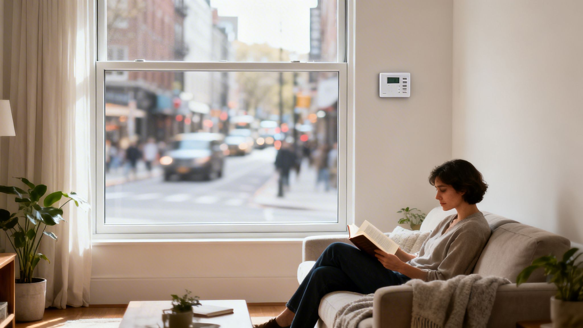 Certificados Energéticos | Aislamientos Térmicos Acústicos: La Reforma Más Rentable Mujer leyendo en un sofá con una ventana grande que da a una calle de la ciudad y un termostato en la pared.