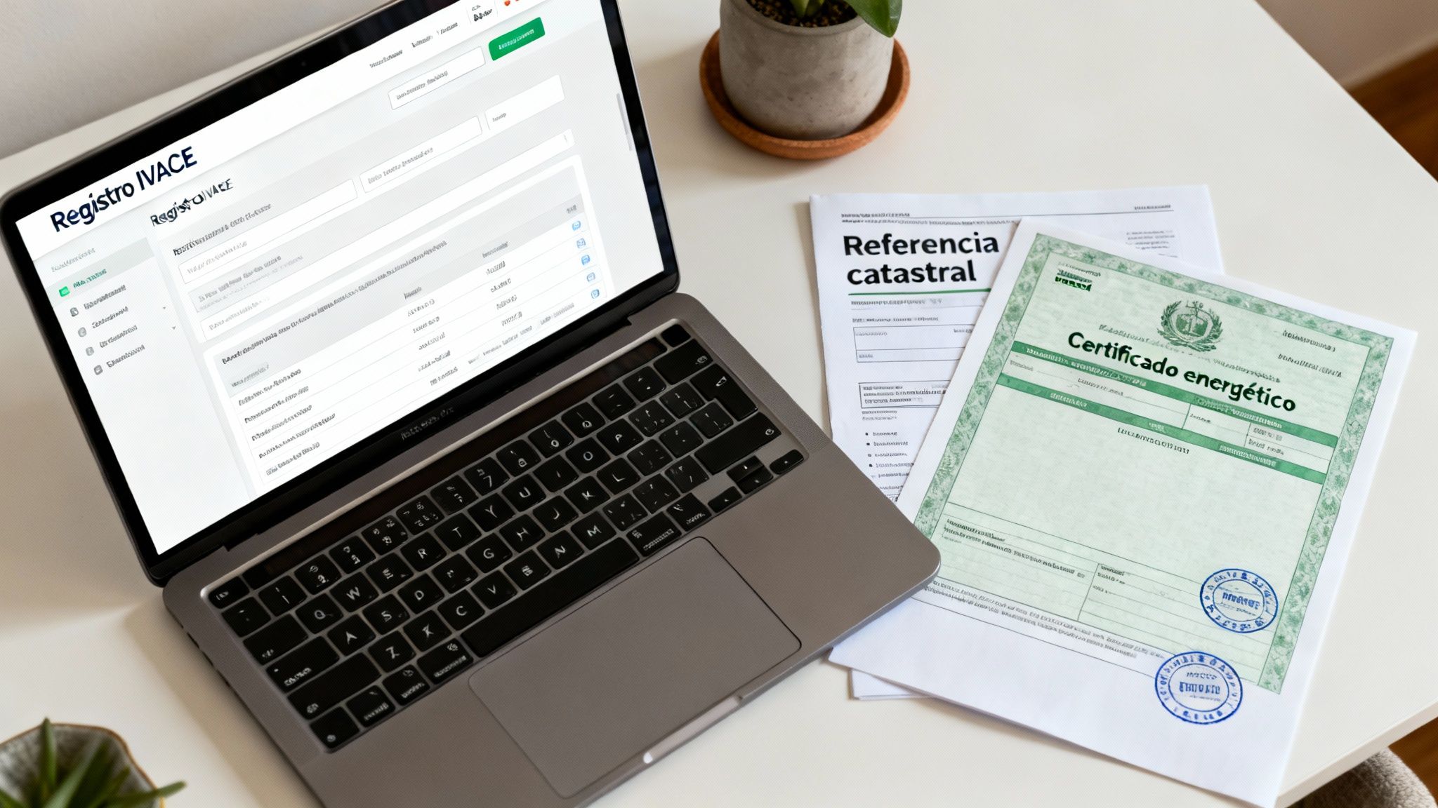 Certificados Energéticos | Certificado Energético vivienda precio: Tu guía en Valencia Documentos de propiedad: portátil con Registro IVACE, referencia catastral y certificado energético en mesa.