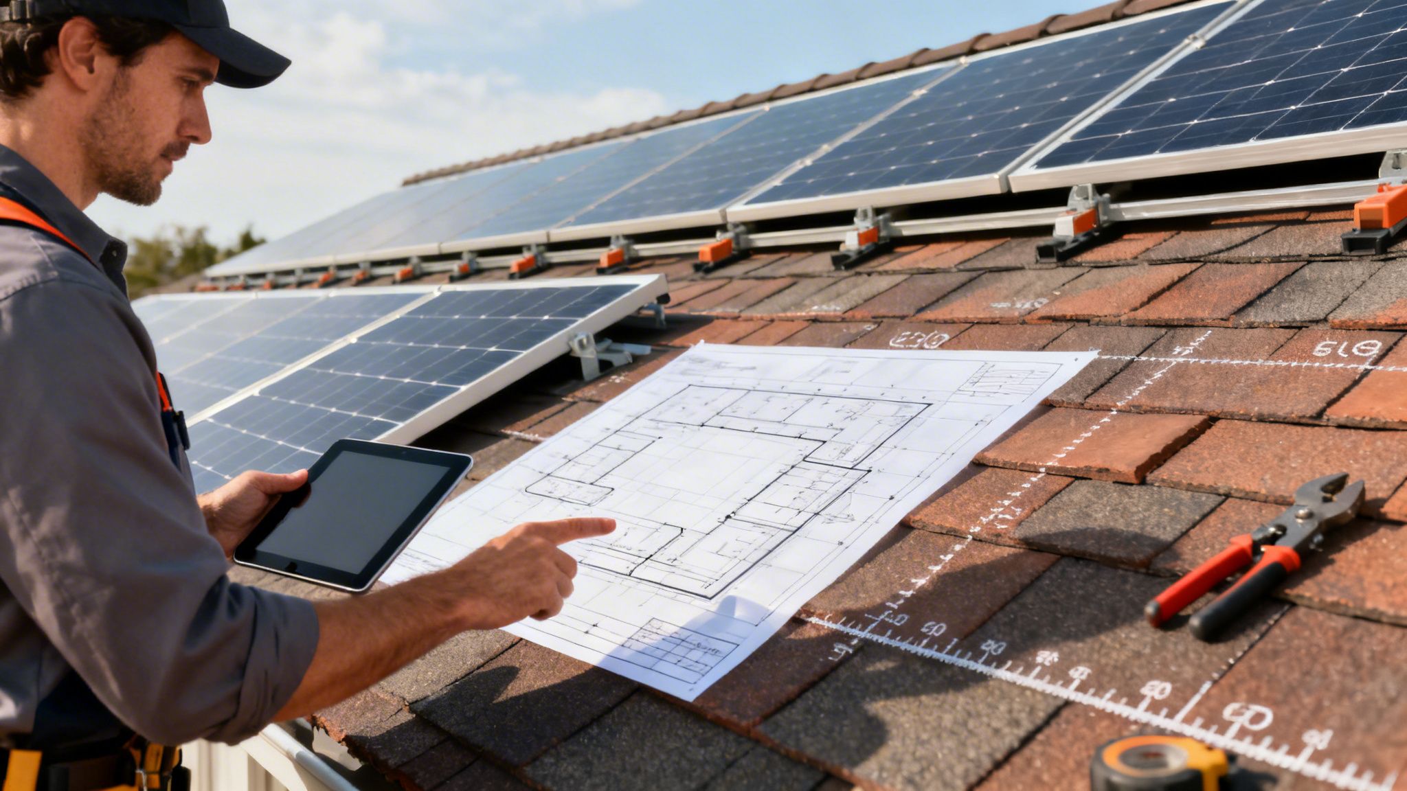 Certificados Energéticos | Guía Definitiva de Paneles Solares Autoconsumo en Valencia Técnico de energía solar revisando planos y tableta en un techo con paneles solares instalados.