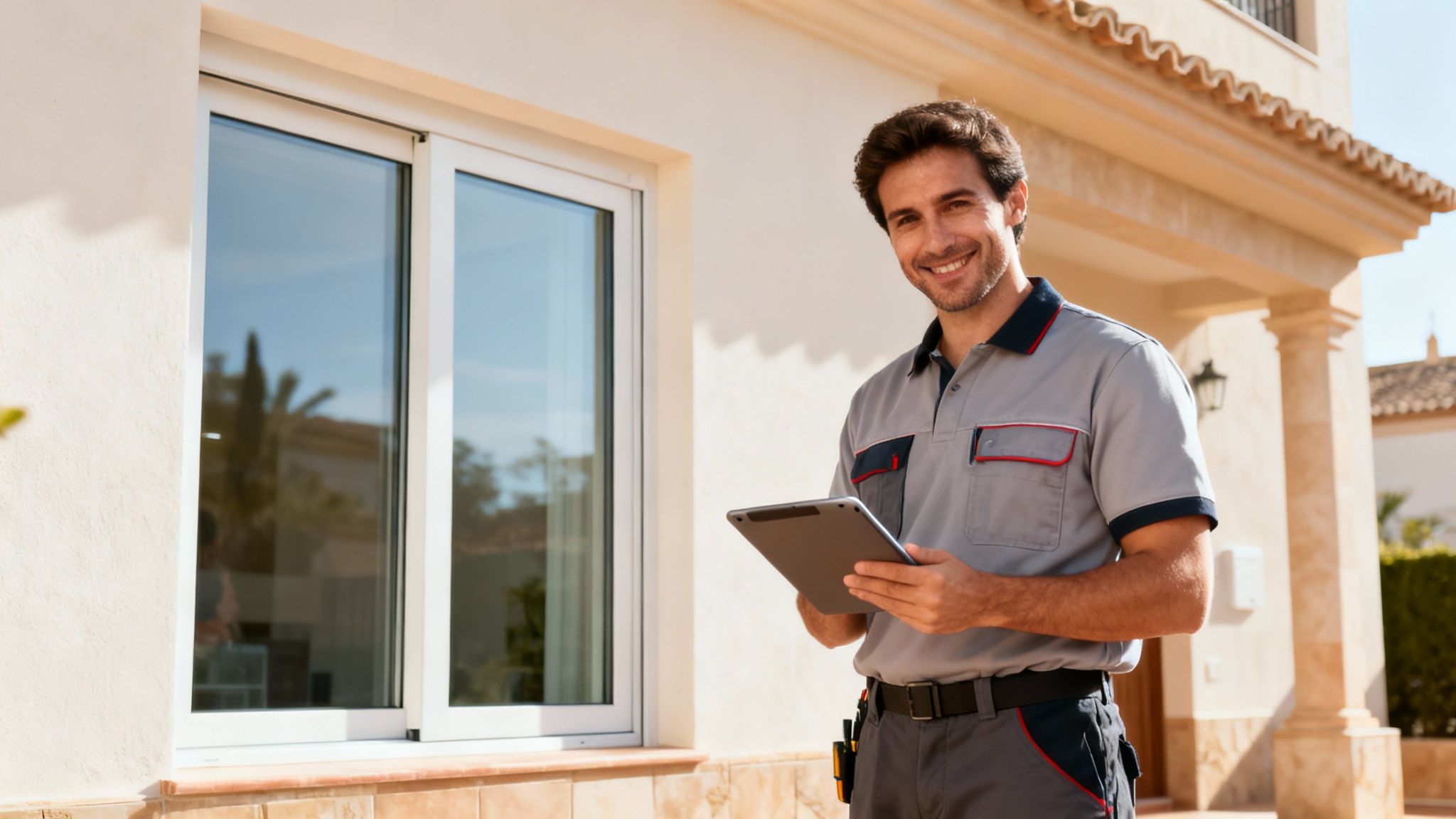 Certificados Energéticos | Aislamiento Acústico y Térmico en Valencia: Confort y Ahorro Técnico sonriente con uniforme gris y tablet frente a una casa con ventana, inspeccionando o realizando un servicio.