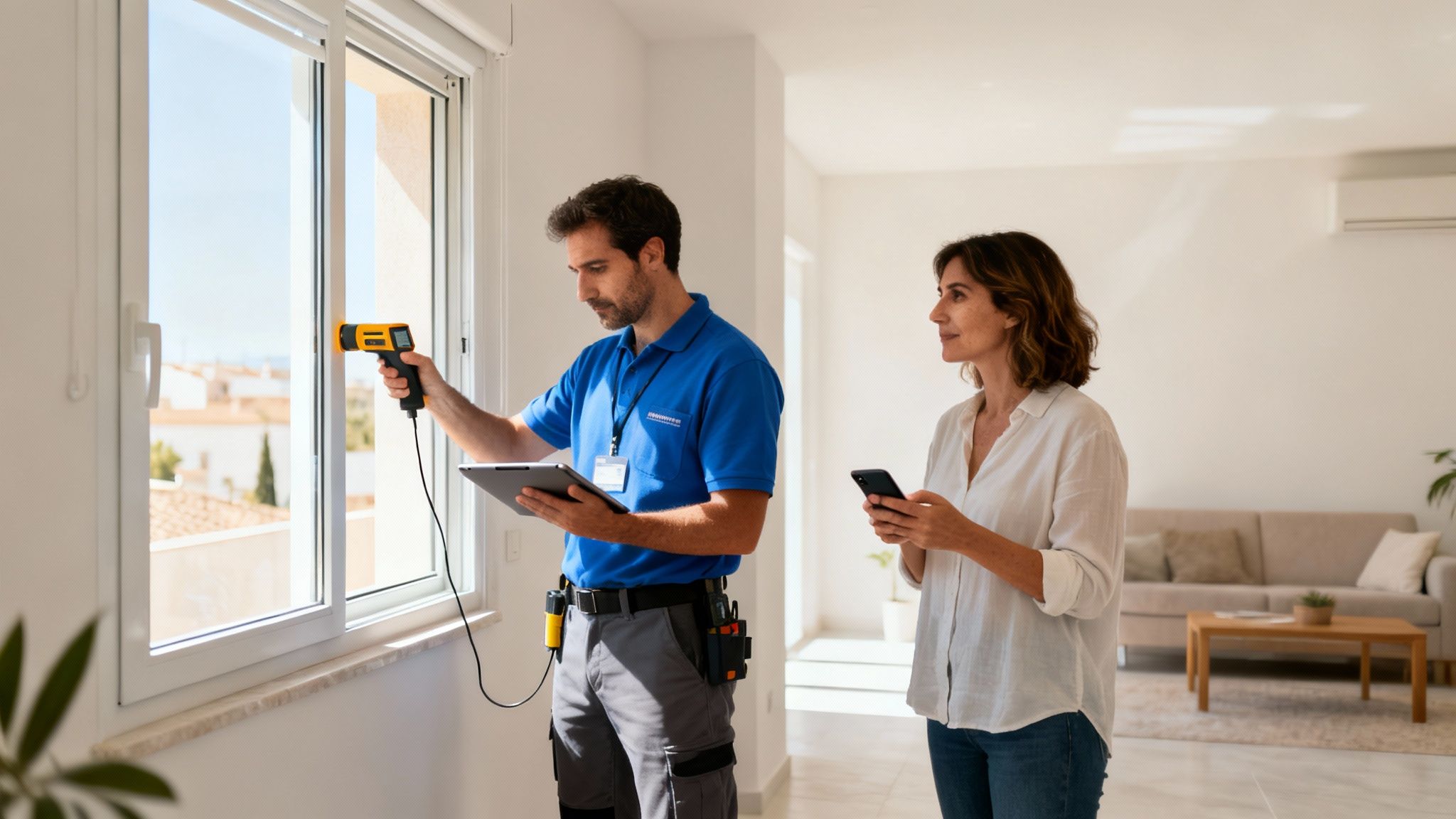 Certificados Energéticos | Certificado Energético para Vender Vivienda: Guía 2026 Técnico mide ventana con dispositivo y tablet para certificado energético, mujer observa proceso.