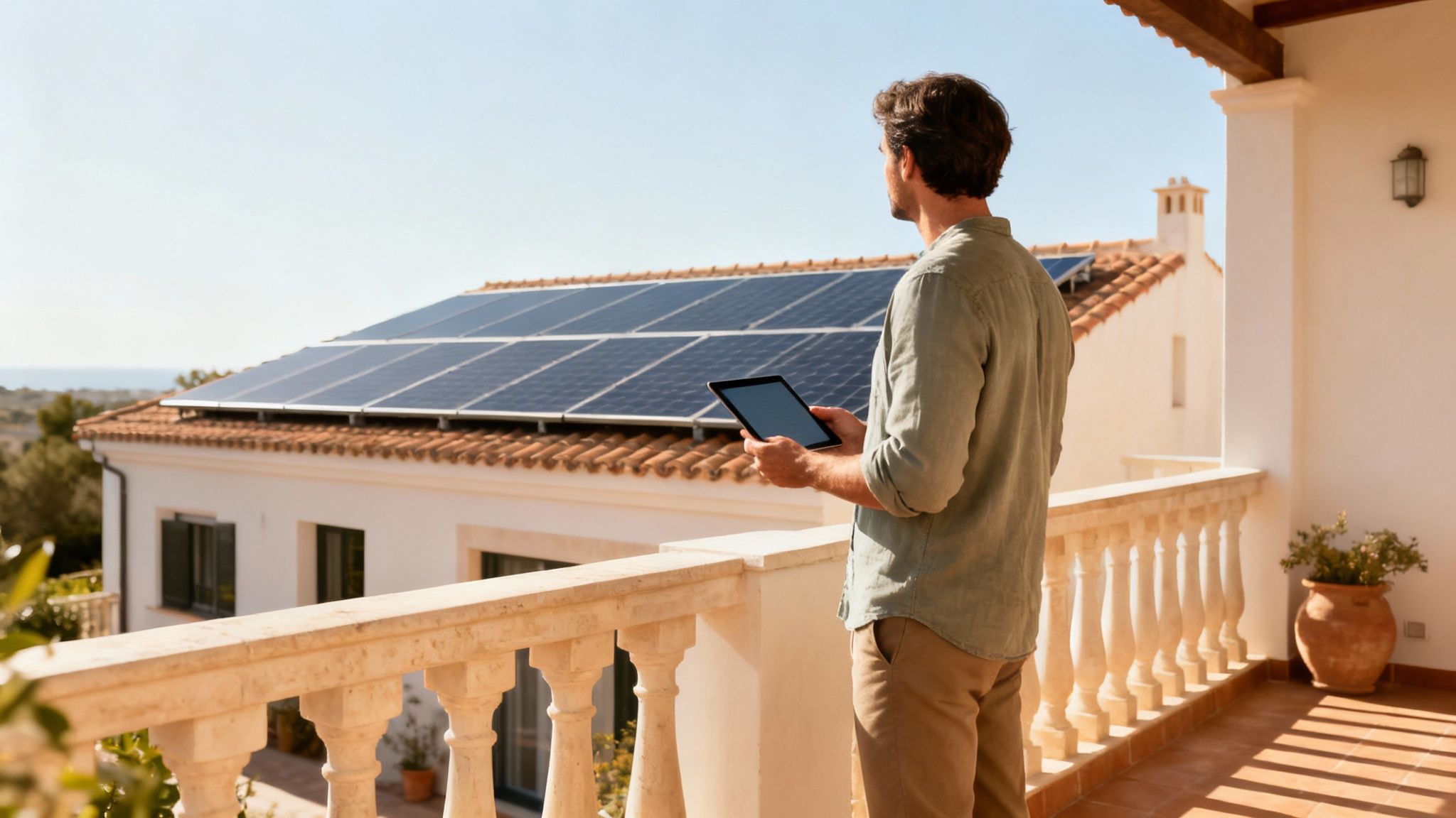 Certificados Energéticos | Instalaciones Solares de Autoconsumo: Ahorra con tu Sistema en Valencia Hombre en balcón mirando paneles solares en tejado de casa, gestionando energía con tablet.