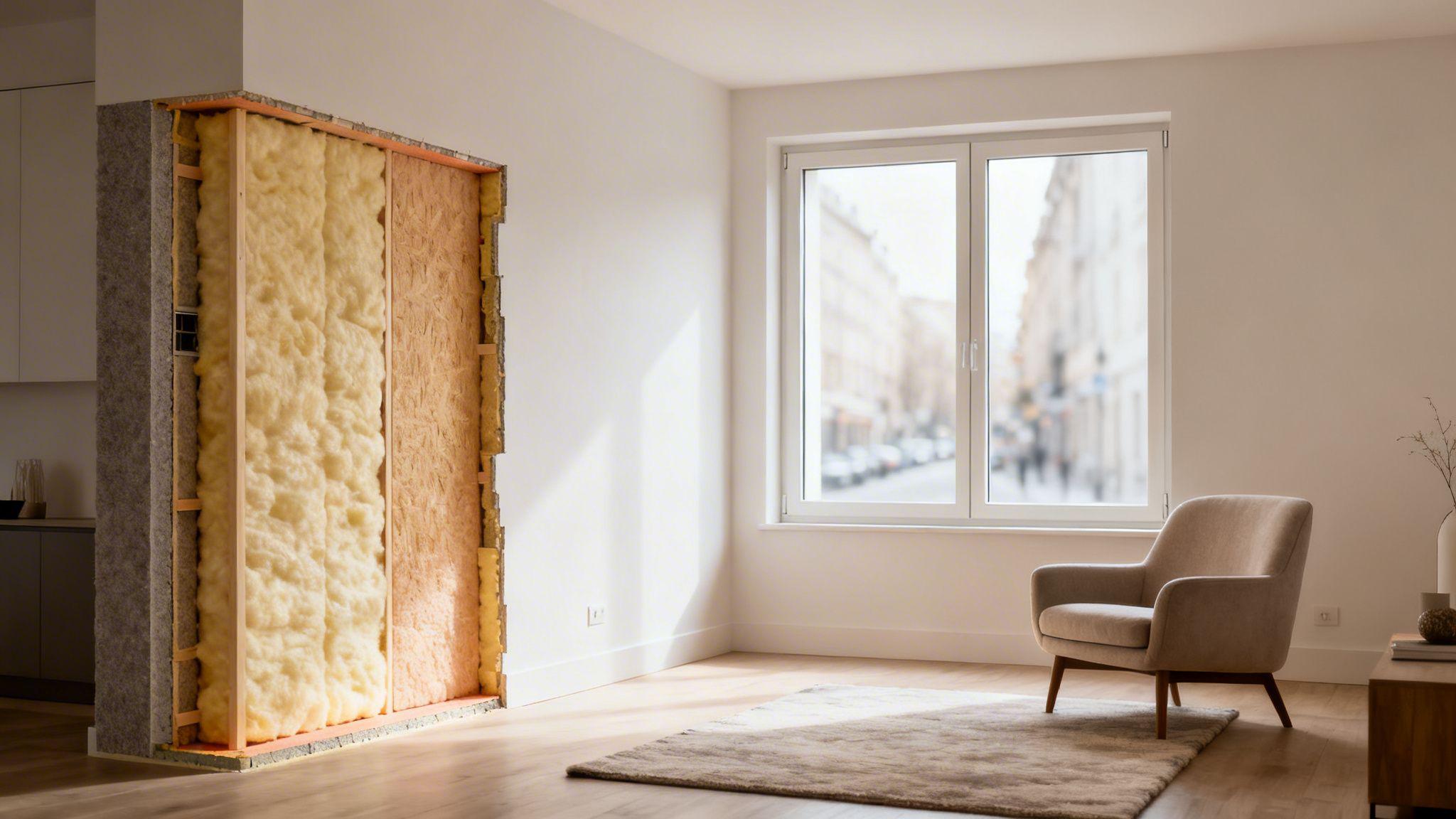 Certificados Energéticos | Aislamientos Térmicos Acústicos: La Reforma Más Rentable Una pared abierta muestra aislamientos térmicos y acústicos en un hogar moderno con ventana y sillón.