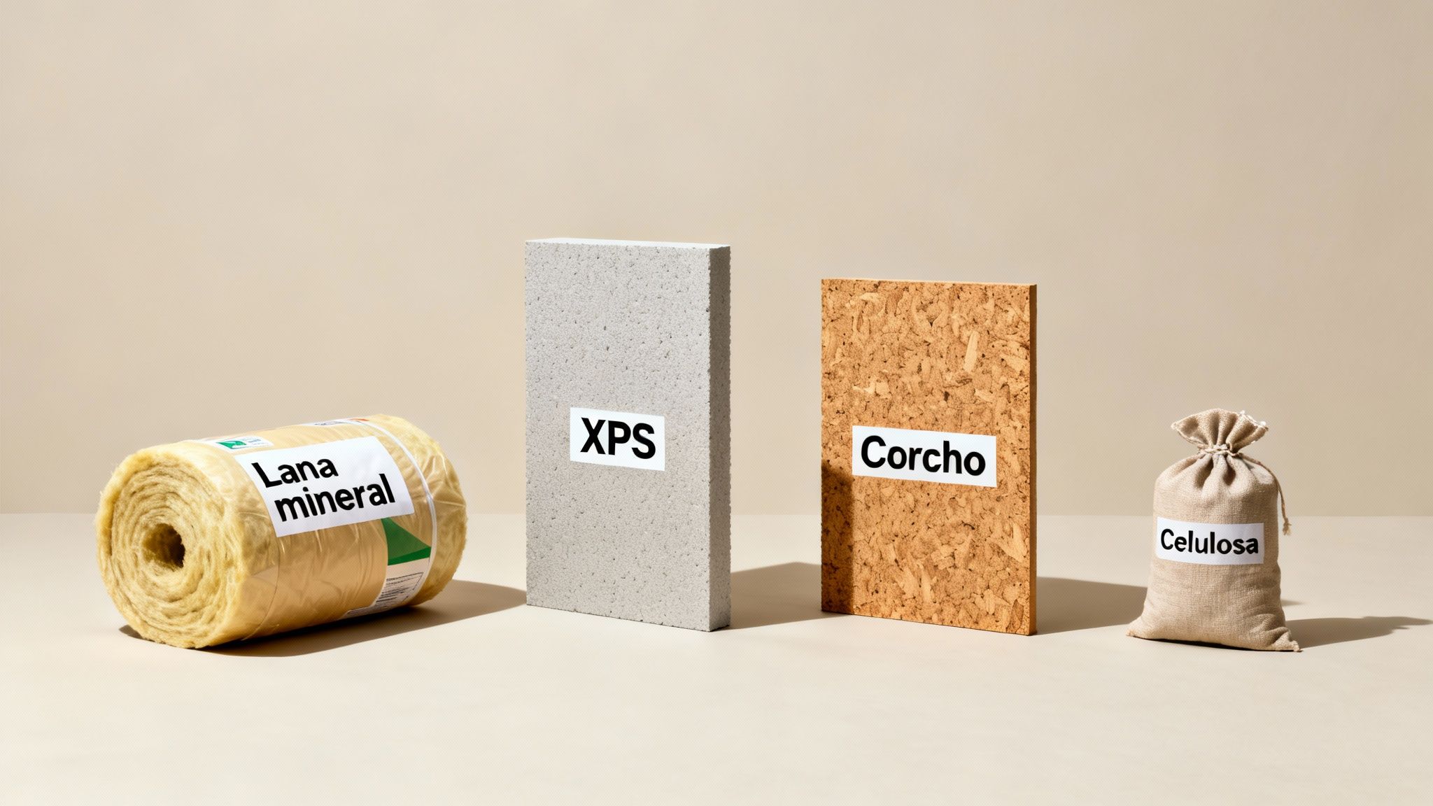 Certificados Energéticos | Aislamiento termico y acustico: Guía definitiva para Valencia Cuatro tipos de materiales de aislamiento térmico y acústico: lana mineral, XPS, corcho y celulosa.