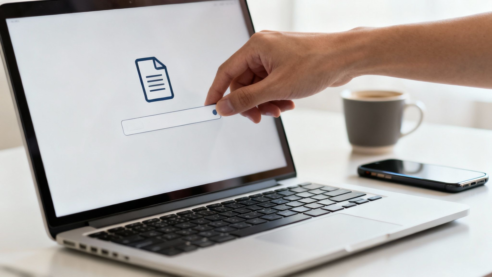 Certificados Energéticos | Visor xml CTE: Tu guía para entender y validar el Certificado Energético Mano de persona interactuando con la pantalla de una laptop, mostrando un icono de documento y barra de búsqueda.