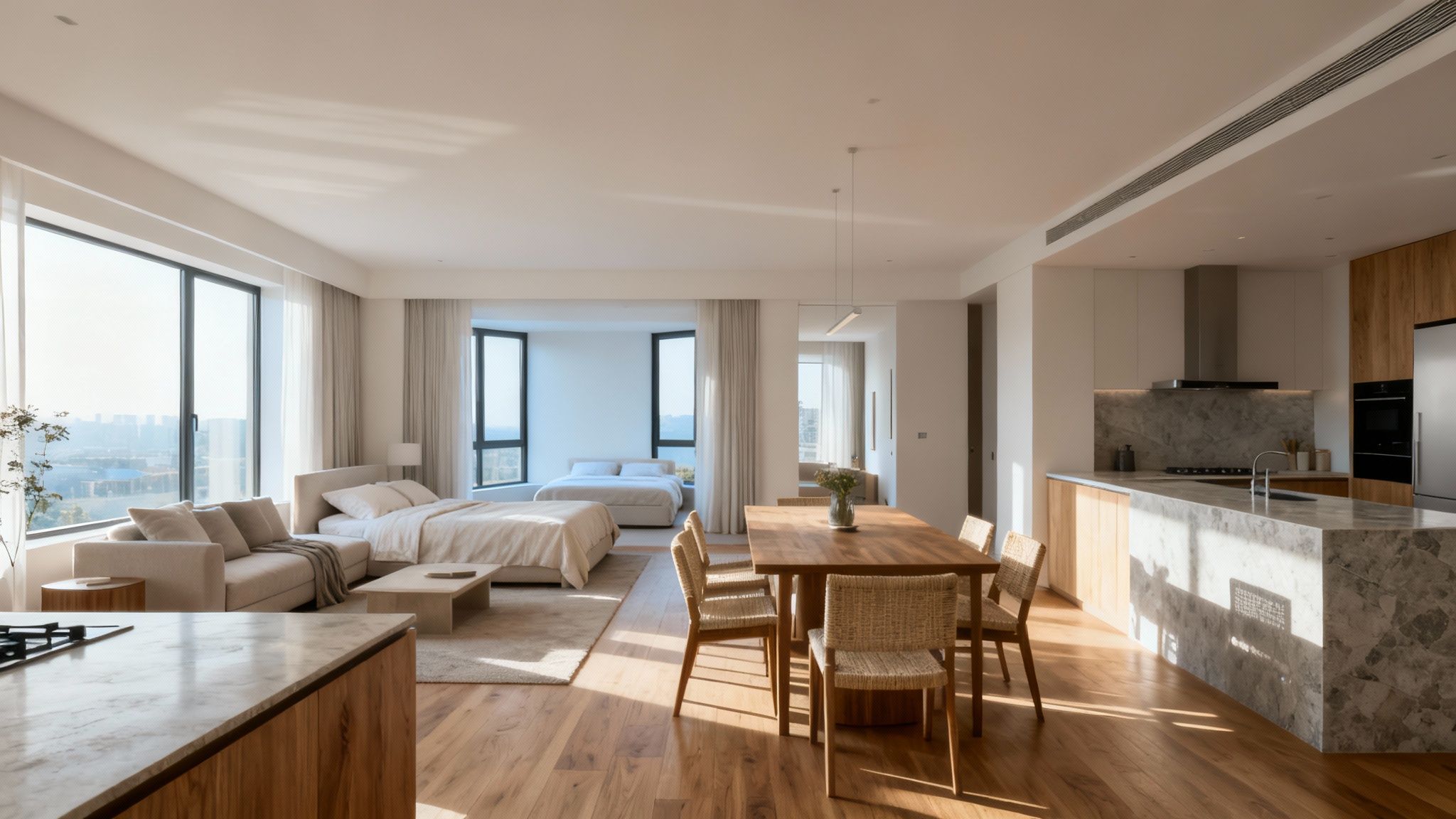 Certificados Energéticos | Cuál es la Mejor orientación para una casa para Ahorrar Energía Un apartamento moderno y luminoso con sala de estar, dormitorio, comedor y cocina de concepto abierto.