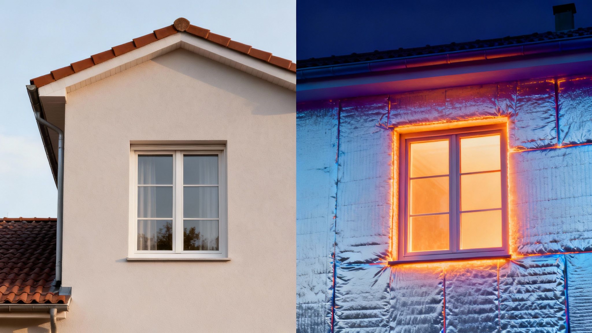 Certificados Energéticos | Precio cámara termográfica: Guía para elegir la mejor para tu vivienda Comparación de una casa con fachada blanca y techo de tejas y la misma casa con aislamiento térmico y fuga de calor en la ventana.