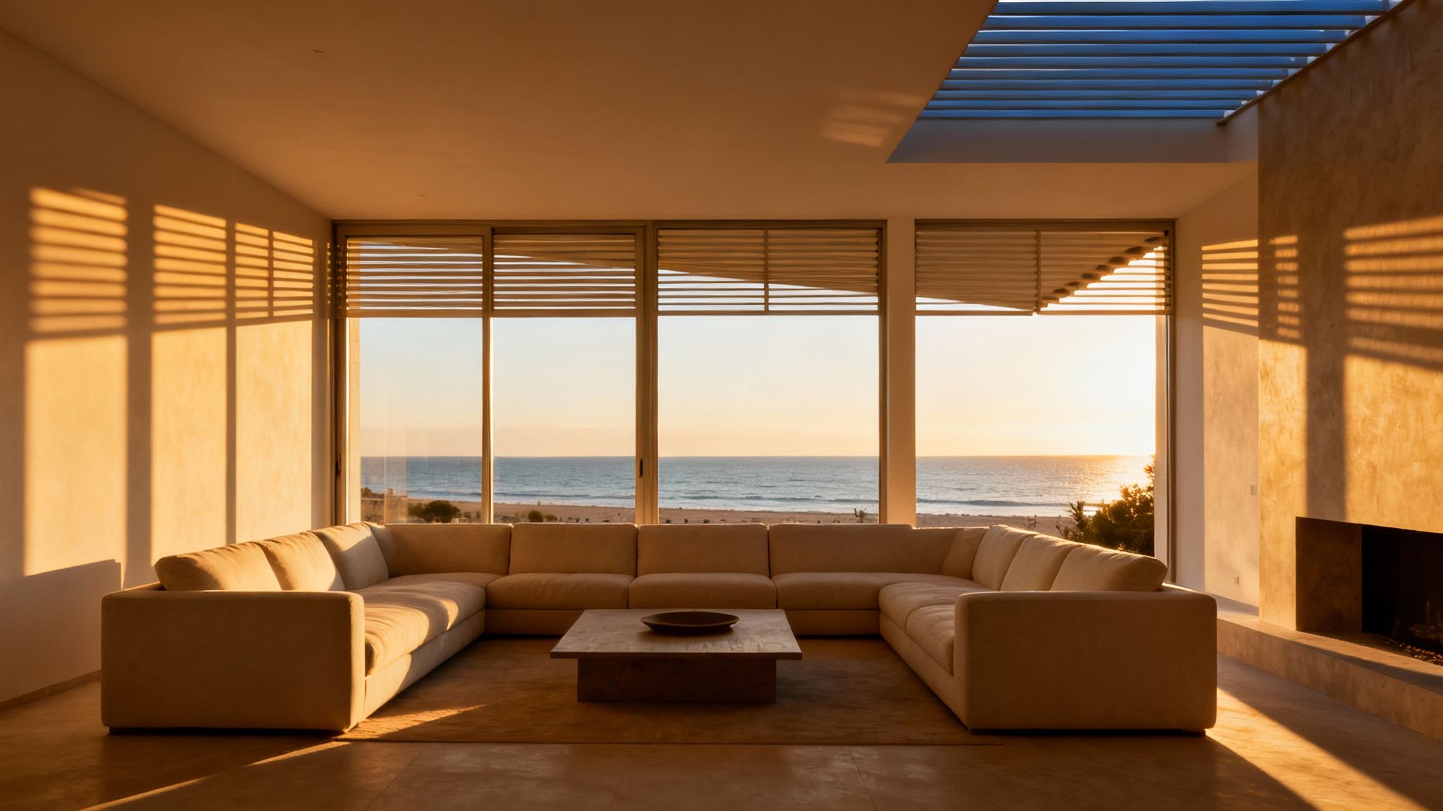 Certificados Energéticos | Cuál es la Mejor orientación para una casa para Ahorrar Energía Sala de estar moderna con sofá seccional, mesa de centro y vistas al mar al atecer.