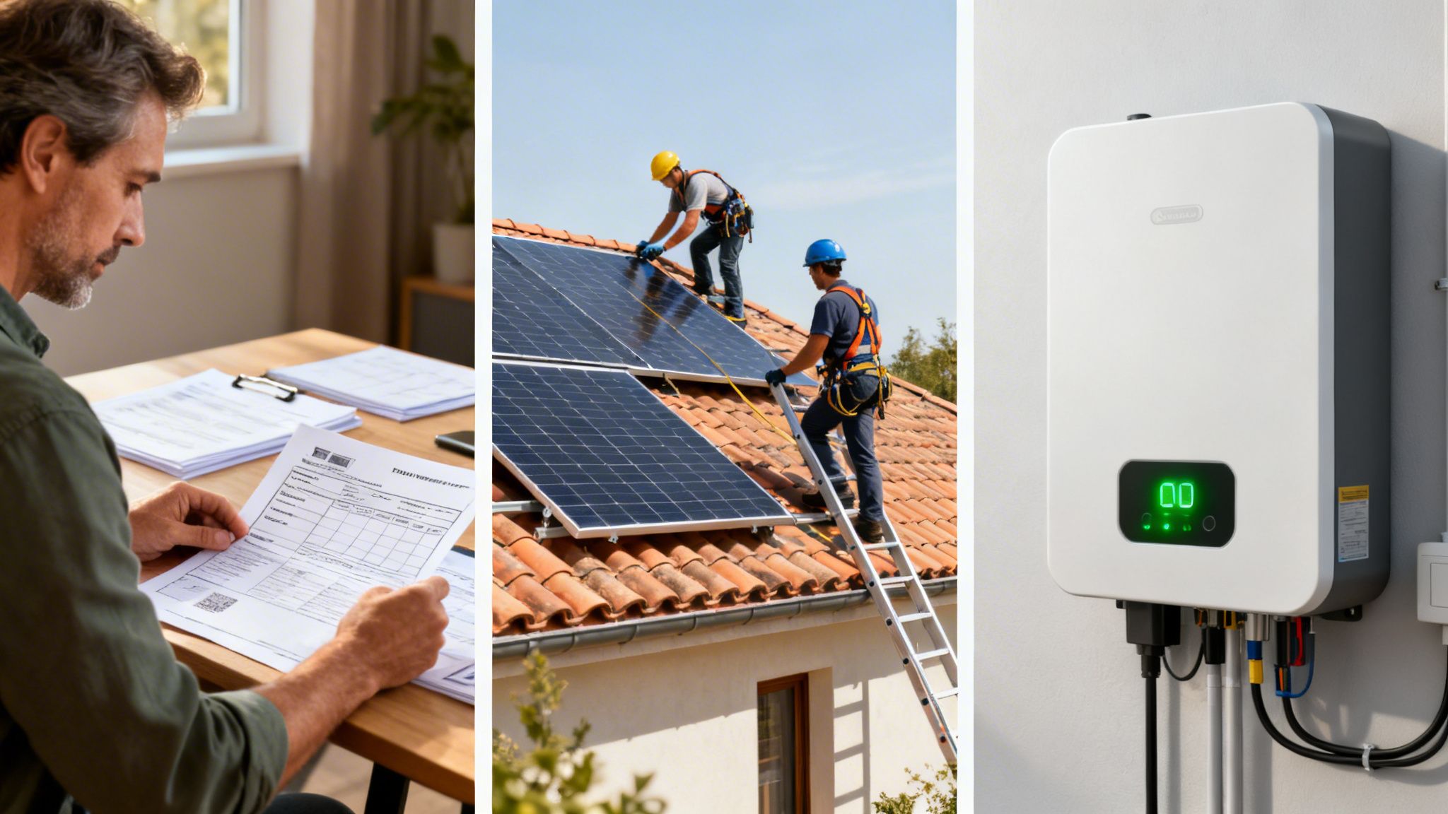 Certificados Energéticos | Guía Definitiva de Paneles Solares Autoconsumo en Valencia Hombre revisando documentos, instalación de paneles solares en tejado y un inversor solar moderno.