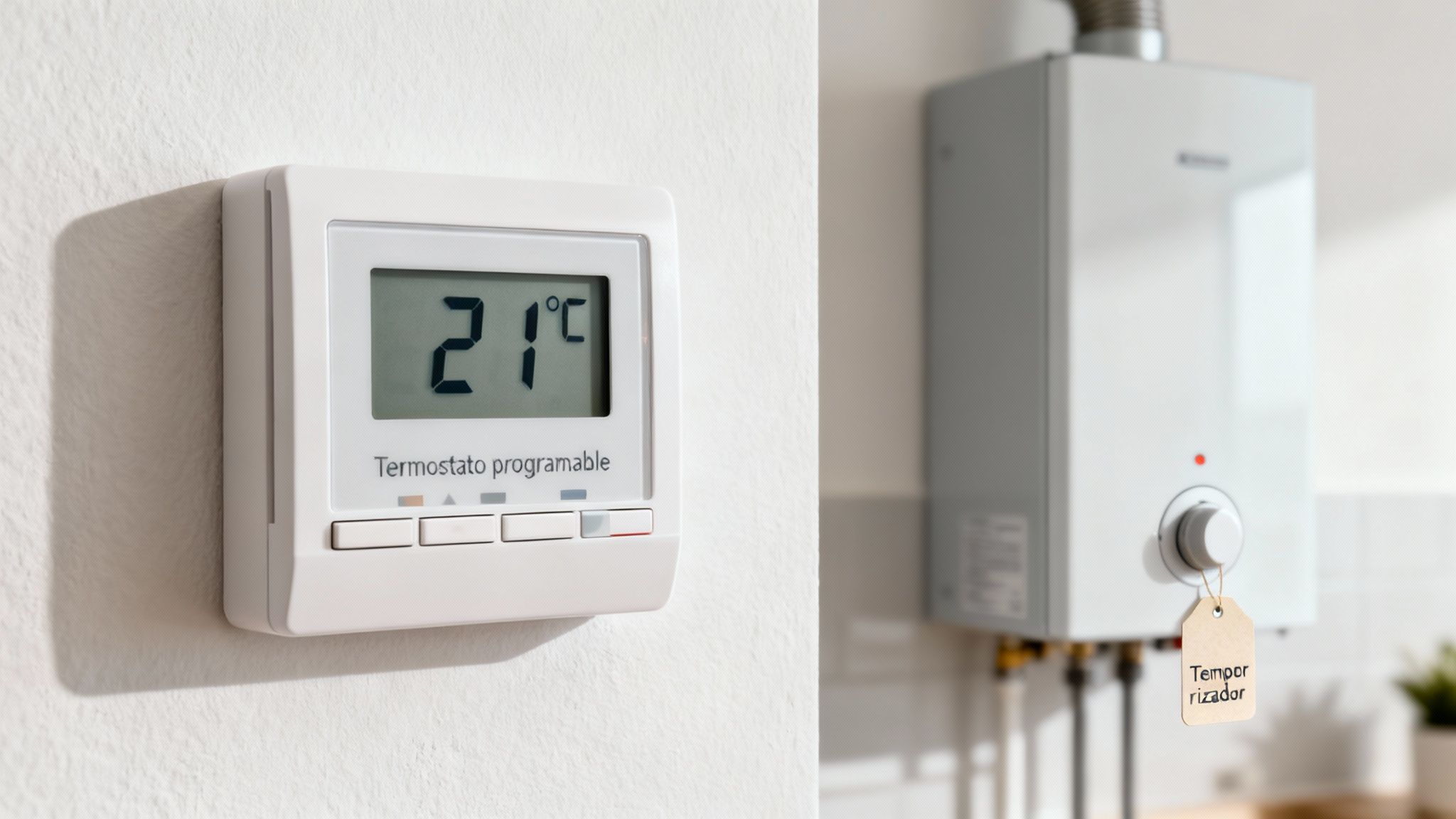 Certificados Energéticos | Cómo ahorrar energía en casa y reducir tu factura Termostato programable blanco en una pared, mostrando 21 grados centígrados, con un calentador de agua visible al fondo.