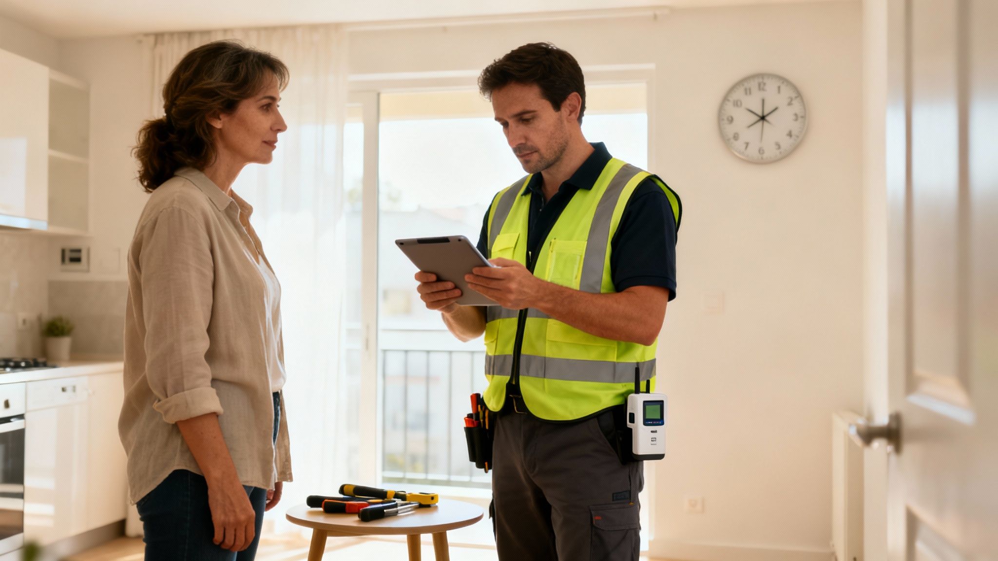Certificados Energéticos | Certificado de Eficiencia Energetica que es: Guía Completa Técnico con chaleco de seguridad revisando una tablet con una clienta en una casa, herramientas en la mesa.