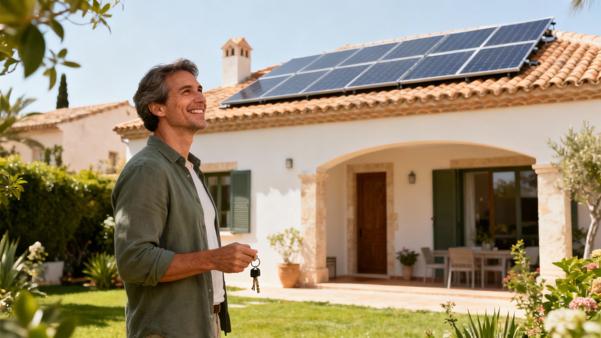 Paneles solares instalados en una vivienda unifamiliar en la Comunidad Valenciana, rodeada de vegetación.