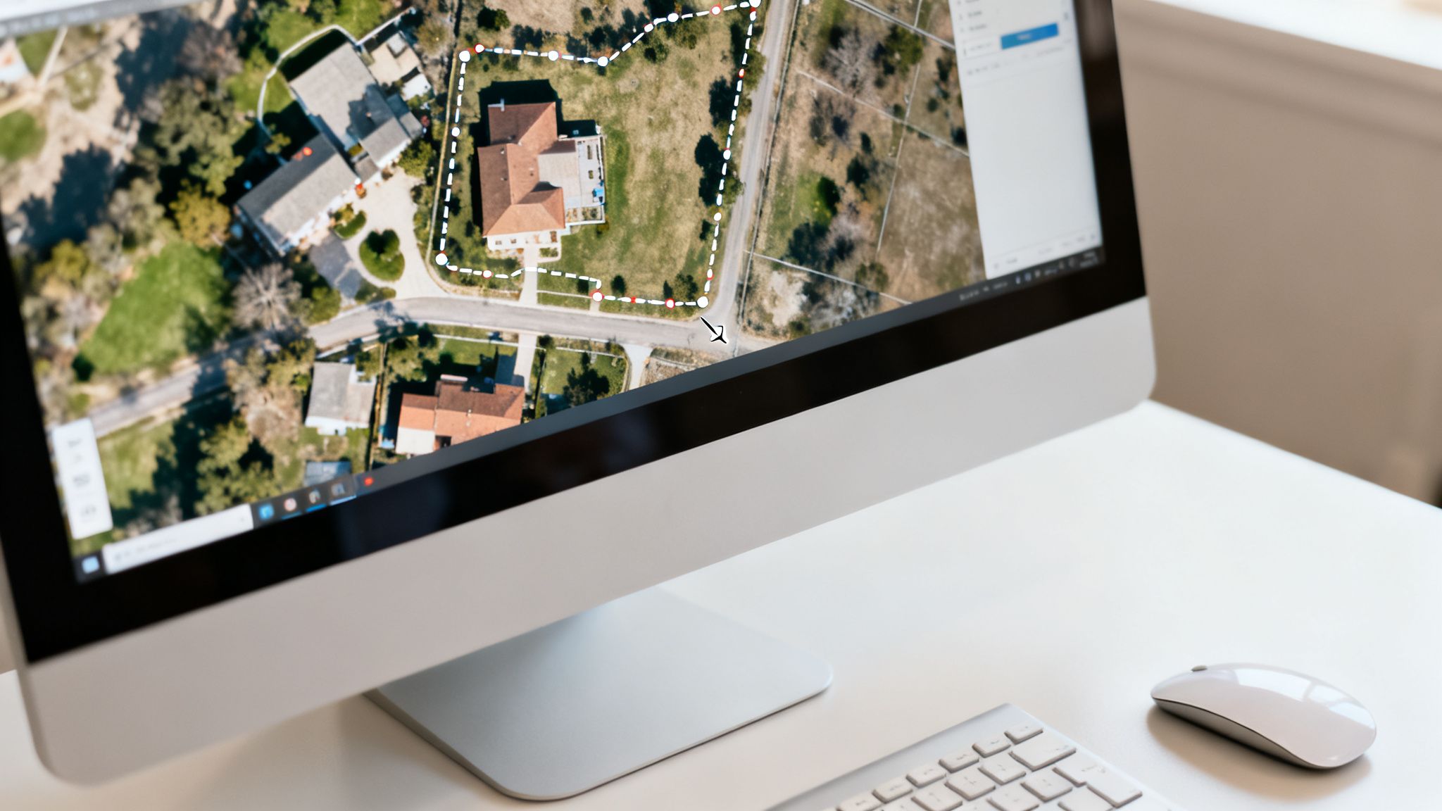 Certificados Energéticos | Descubre como medir la superficie con Google Maps: Guía para cálculos precisos Pantalla de computadora muestra mapa aéreo con propiedades delineadas, junto a teclado y ratón.