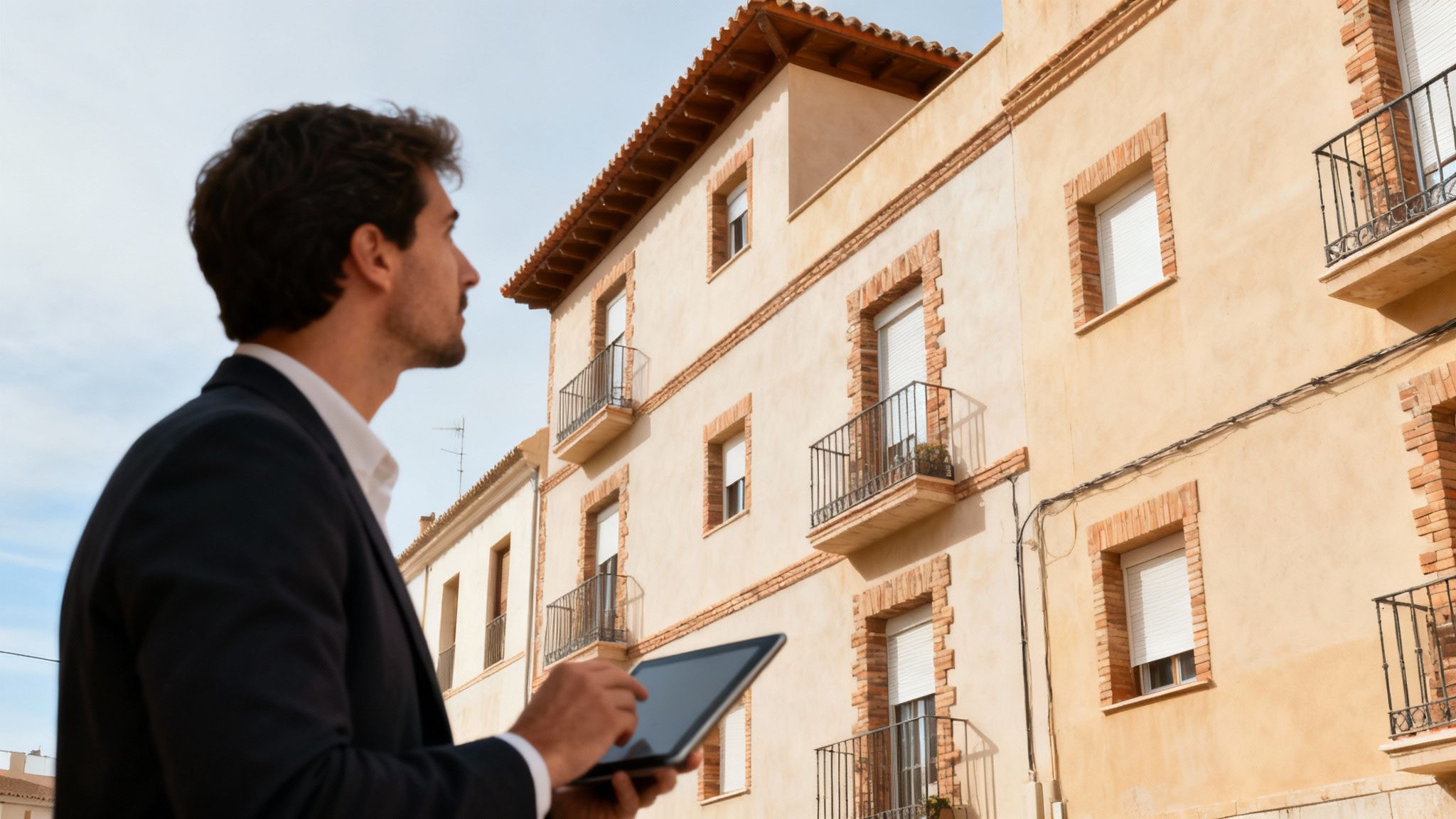 Certificados Energéticos | Guía del Informe de Evaluación del Edificio en Valencia Profesional con tableta inspeccionando un edificio tradicional con balcones y ventanas en un día soleado.