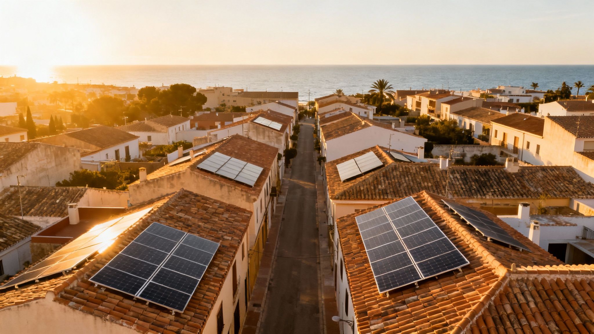 Certificados Energéticos | Instalaciones Solares de Autoconsumo: Ahorra con tu Sistema en Valencia Vista aérea de un pueblo costero con tejados de terracota y paneles solares al atardecer sobre el mar.
