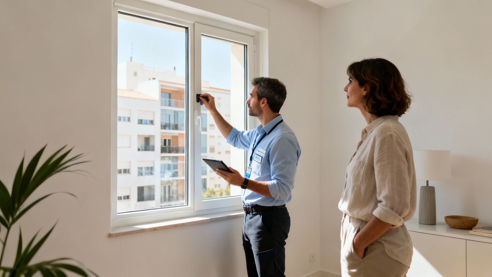 Certificados Energéticos | Transmitancia térmica ventanas: Ahorra en Valencia Hombre profesional inspecciona la ventana de un apartamento con una mujer observando, evaluando la eficiencia.