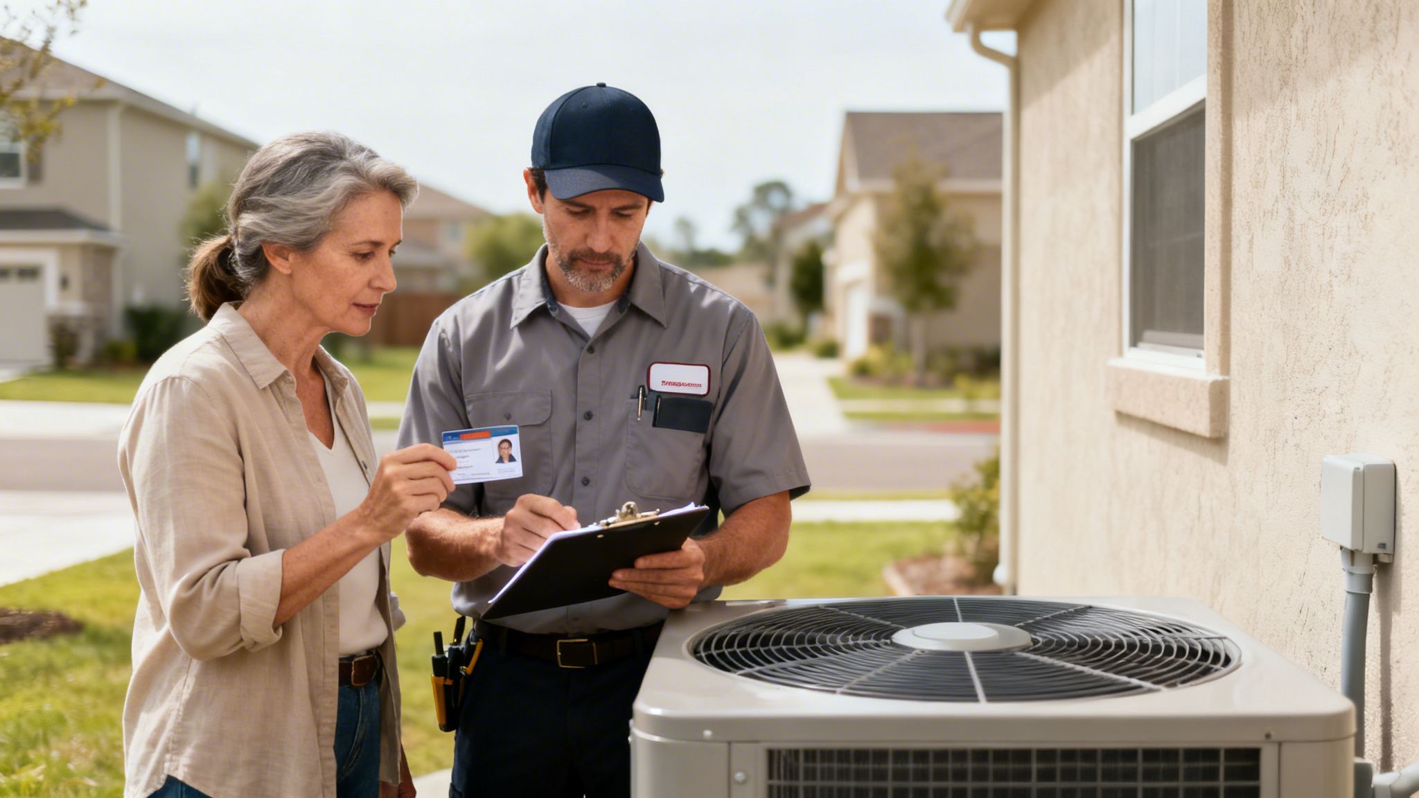 Certificados Energéticos | Evita la multa por instalar aire acondicionado sin certificado en Valencia Una mujer revisa la identificación de un técnico de aire acondicionado que anota en un portapapeles junto a una unidad exterior.